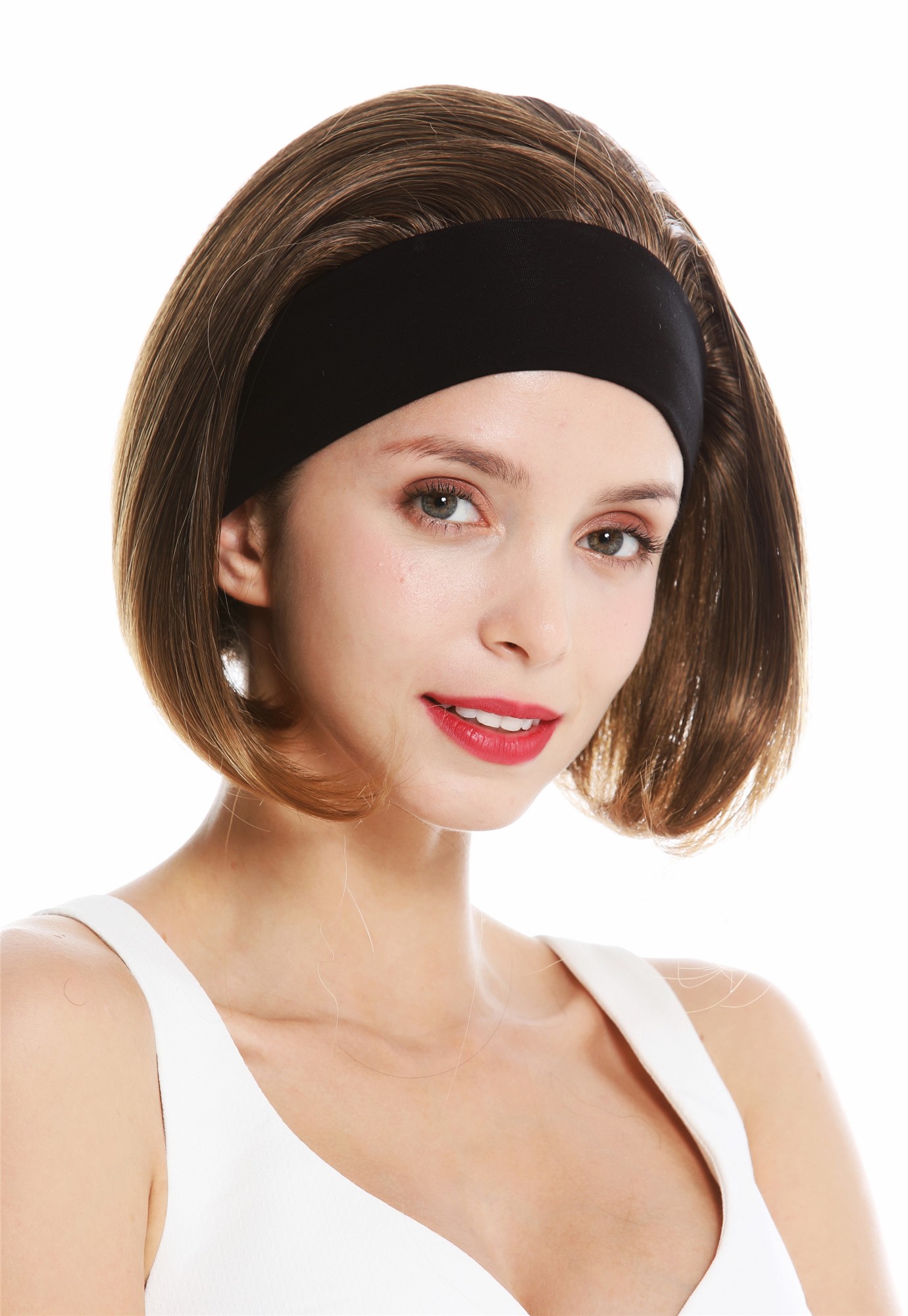 hochwertige Qualitätsperücken, Perücke Kurz Stirnband Retro Braun Blonde Spitzen GFW948-H-4T27, Ansicht 2, WIG ME UP: Ihr Perücken Online Shop glatte Tressen-Perücke mit Gummizug und Stirnband Braun-Blond-Mix kurze Haare für Damen