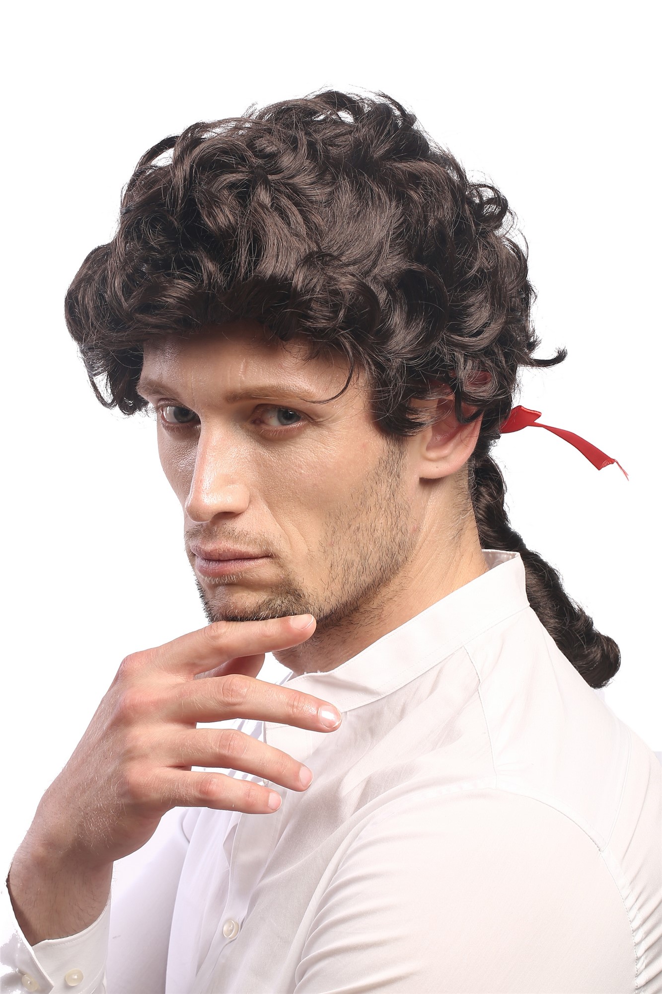 Man Lady Party Wig Casanova Baroque Renaissance short with ponytail ribbon Poet Court Lord brown, front view, WIG ME UP: Your Perücken Online Shop Party Wig, Men, Brown, curled, shoulder-length