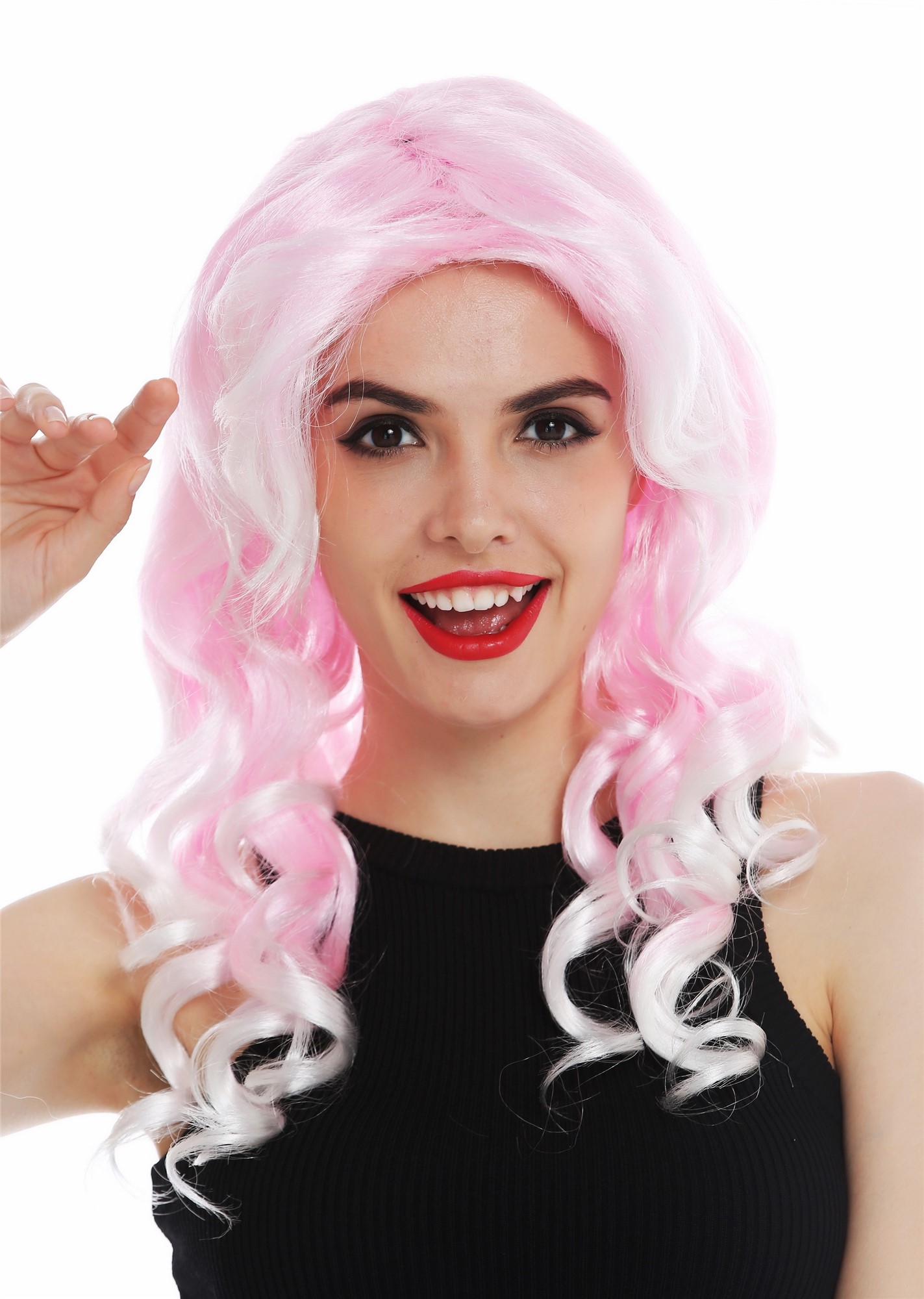 günstige Party Perücke, Perücke Diva lang Korkenzieher-Locken Hell-Rosa 06053-FR28-T68, Vorderansicht, WIG ME UP: Ihr Perücken Online Shop lockige Party Perücke Hellrosa-Weiß-Mix schulterlange Haare für Damen