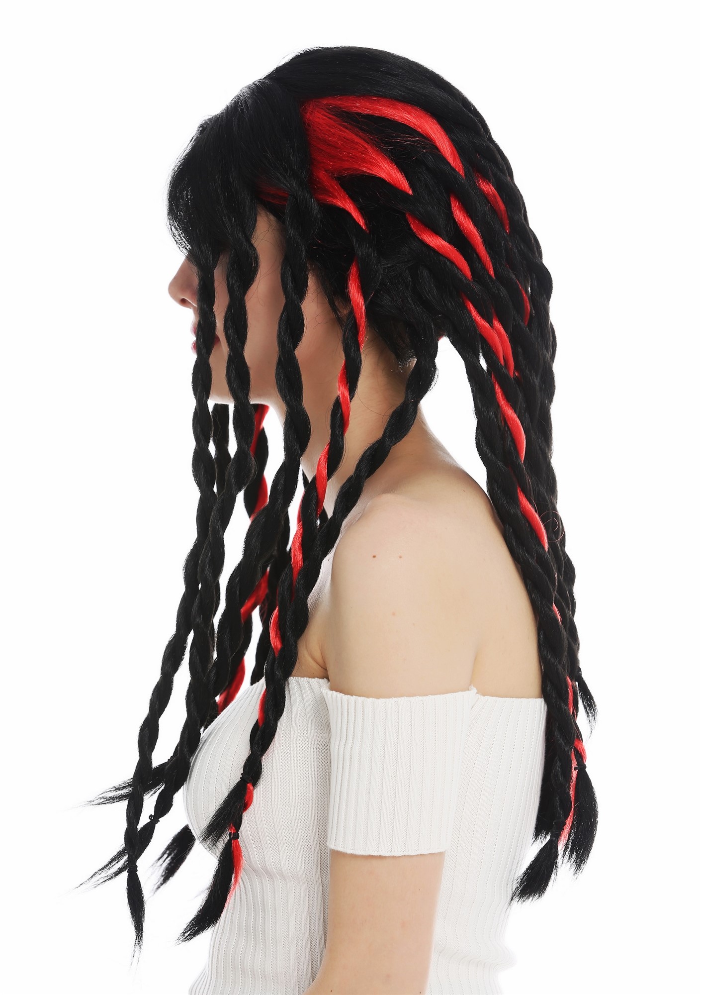 Women's wig Halloween braided plaited rasta dreadlocks long black red punk 69023, view 3, WIG ME UP: Your Perücken Online Shop Party Wig, Ladies, deep black and bright red mix, Braided, long