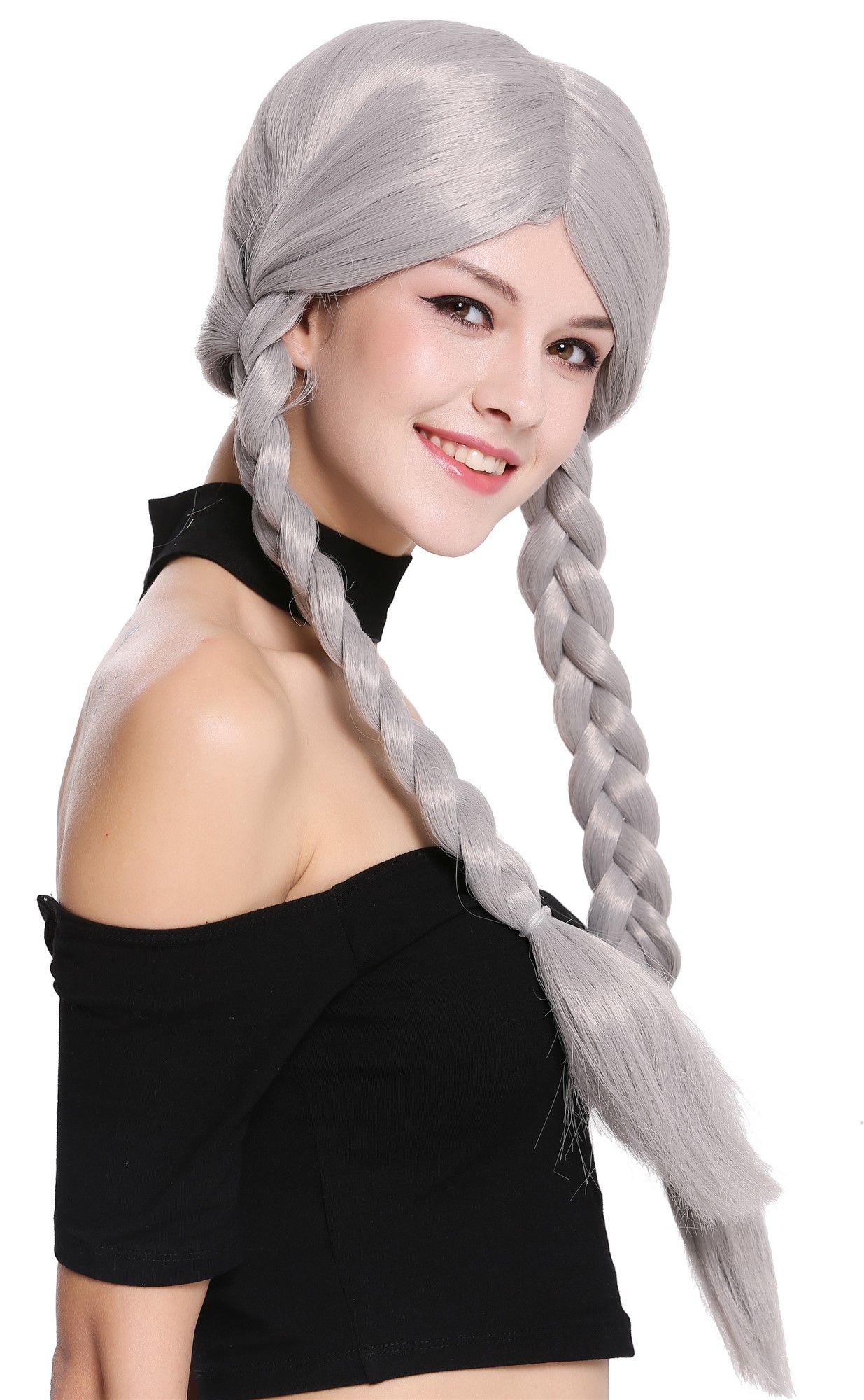 Lady Party Wig grey gray long braided pigtails queues Lolita Schoolgirl 90958, view 3, WIG ME UP: Your Perücken Online Shop Party Wig, Ladies, Grey, Braided, long