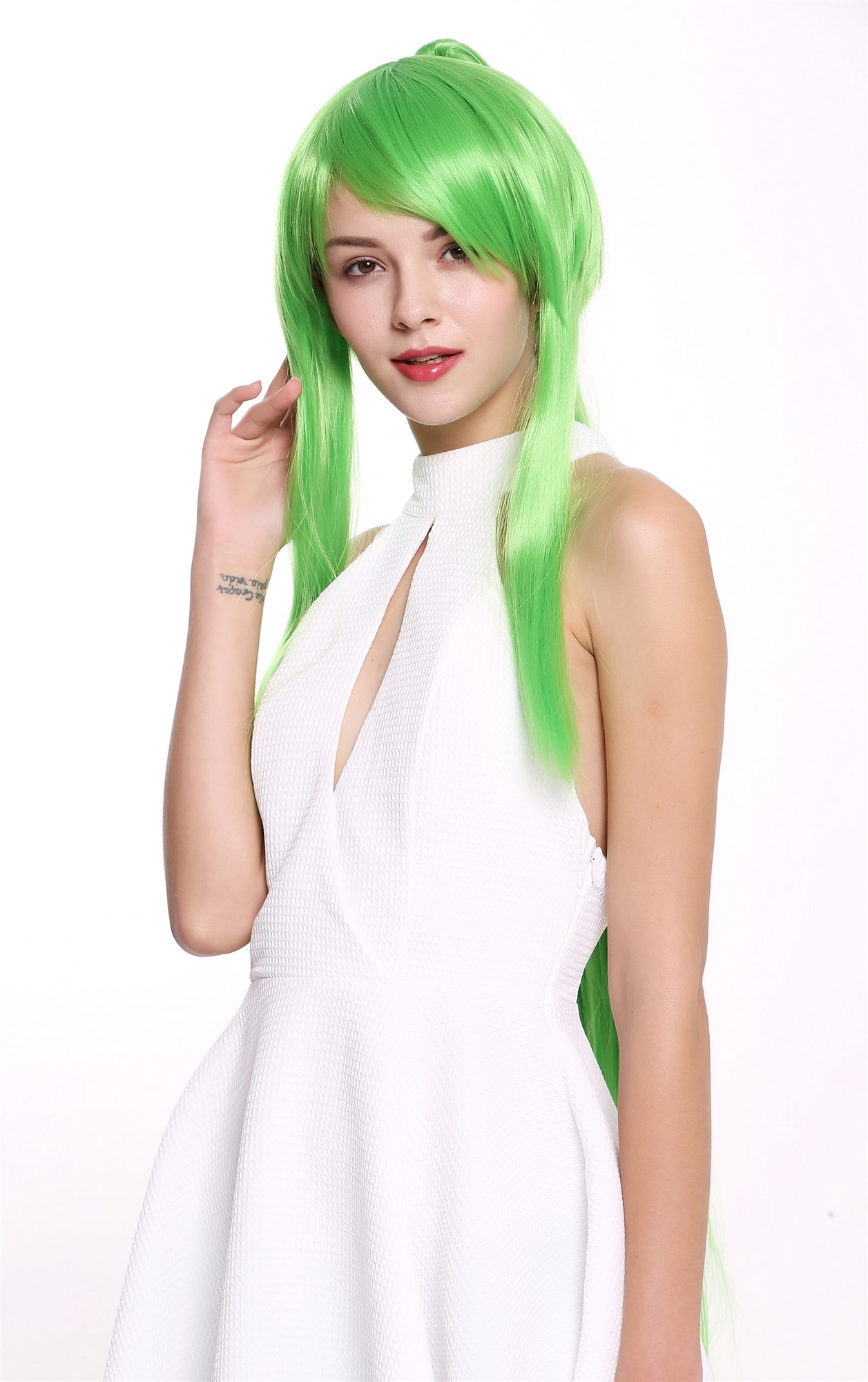 hochwertige Qualitätsperücken, Perücke Lang Zopf Strähnen Grün Cosplay YZF-7042+A-TF2605, Ansicht 3, WIG ME UP: Ihr Perücken Online Shop glatte Tressen-Perücke mit Kopfhaut-Imitat Hellgrün sehr lange Haare für Damen