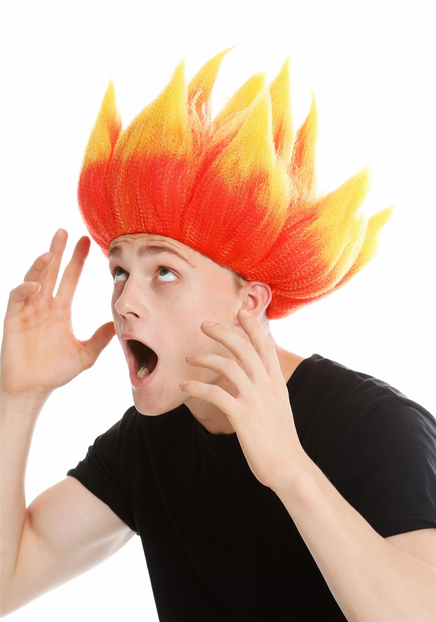 günstige Party Perücke, Perücke hochtoupiert Dämon Troll Feuer Blume Rot Gelb LM-19-PC13TPC2B, Vorderansicht, WIG ME UP: Ihr Perücken Online Shop wellige Party Perücke Neonrot mit gelben Spitzen kurze Haare Unisex