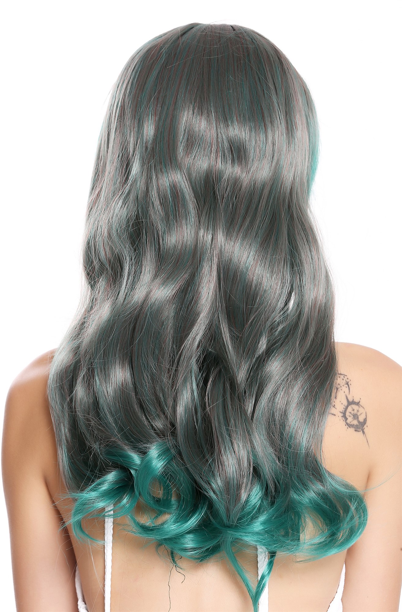 hochwertige Qualitätsperücken, Perücke Wellig Scheitel Grau Grün Rot Mix 6083-1102TBD, Ansicht 2, WIG ME UP: Ihr Perücken Online Shop wellige Tressen-Perücke mit Kopfhaut-Imitat Grau-Grün-Rot-Mix lange Haare für Damen