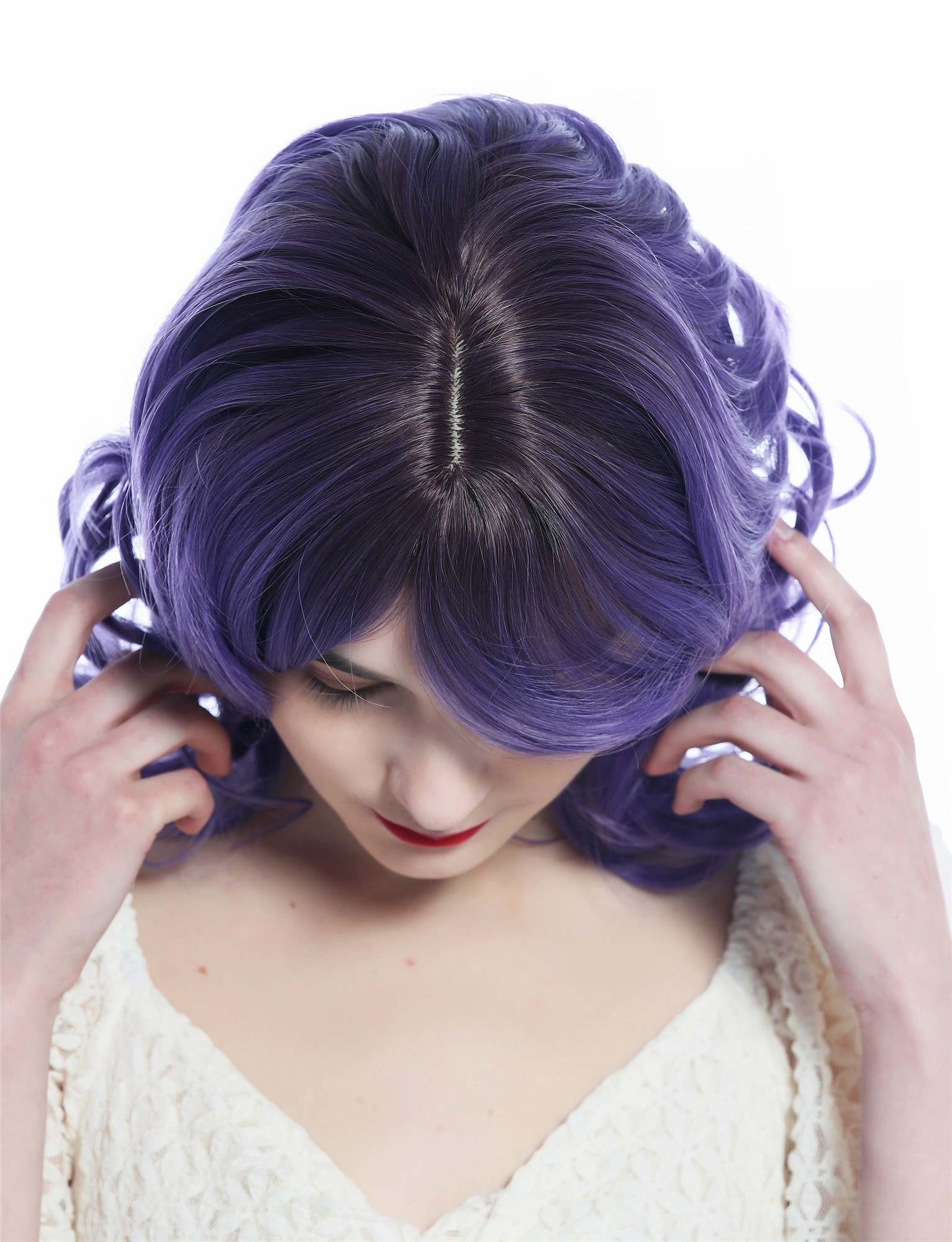 hochwertige Qualitätsperücken, Perücke schulterlang Locken Ombre Dunkelbraun Lila SZL0672-T-009, Ansicht 5, WIG ME UP: Ihr Perücken Online Shop lockige Tressen-Perücke mit Kopfhaut-Imitat Dunkelbraun-Lila-Verlauf schulterlange Haare für Damen