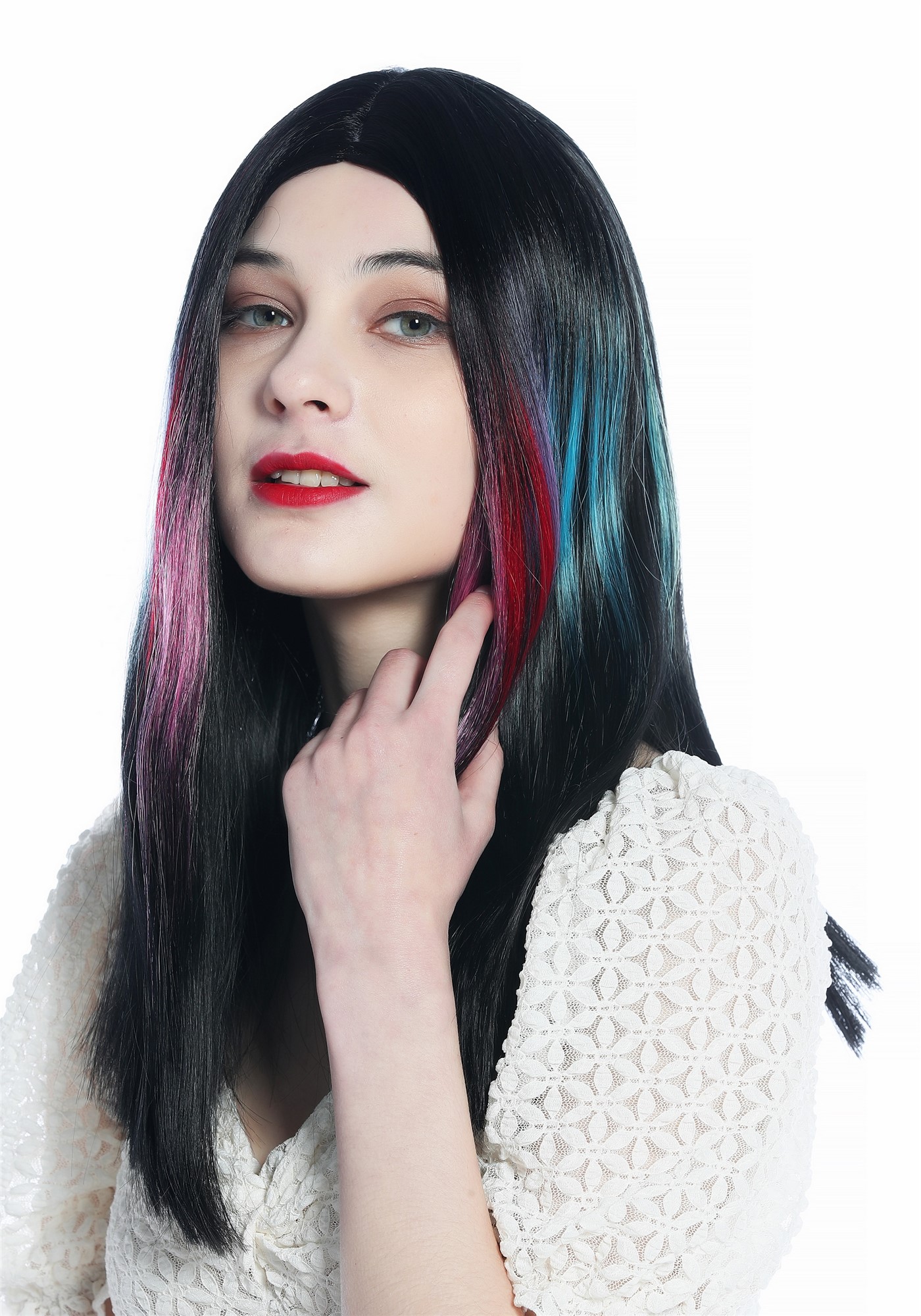 hochwertige Qualitätsperücken, Perücke lang glatt Mittelscheitel Schwarz bunte Strähnen DW3314A-YP1B/1137, Ansicht 3, WIG ME UP: Ihr Perücken Online Shop glatte Tressen-Perücke mit Kopfhaut-Imitat Schwarz mit regenbogenfarbenen Strähnen schulterlange Haare für Damen