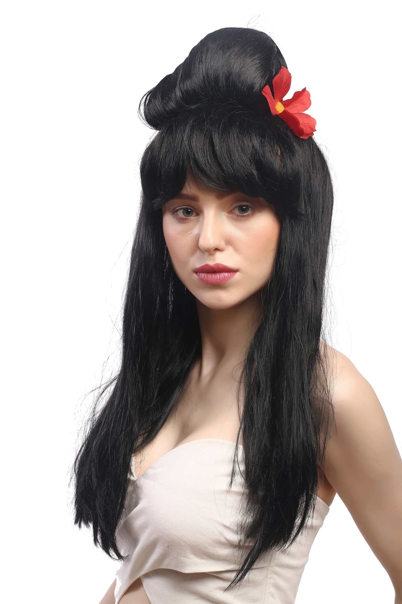 Lady Party Wig Fancy Dress black beehive Flower hairbun Tango Carmen Spanish Geisha China Japan, front view, WIG ME UP: Your Perücken Online Shop Party Wig, Ladies, Black, straight, long