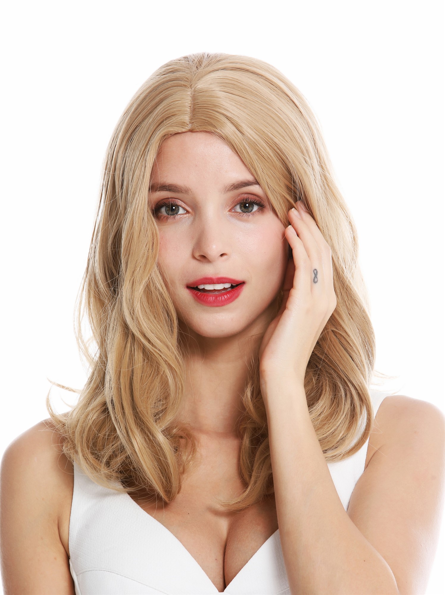 Women's wig lady long waved middle parting dark blonde GFW3418, front view, WIG ME UP: Your Perücken Online Shop Quality Wigs, Ladies, copper blonde, wavy, shoulder-length