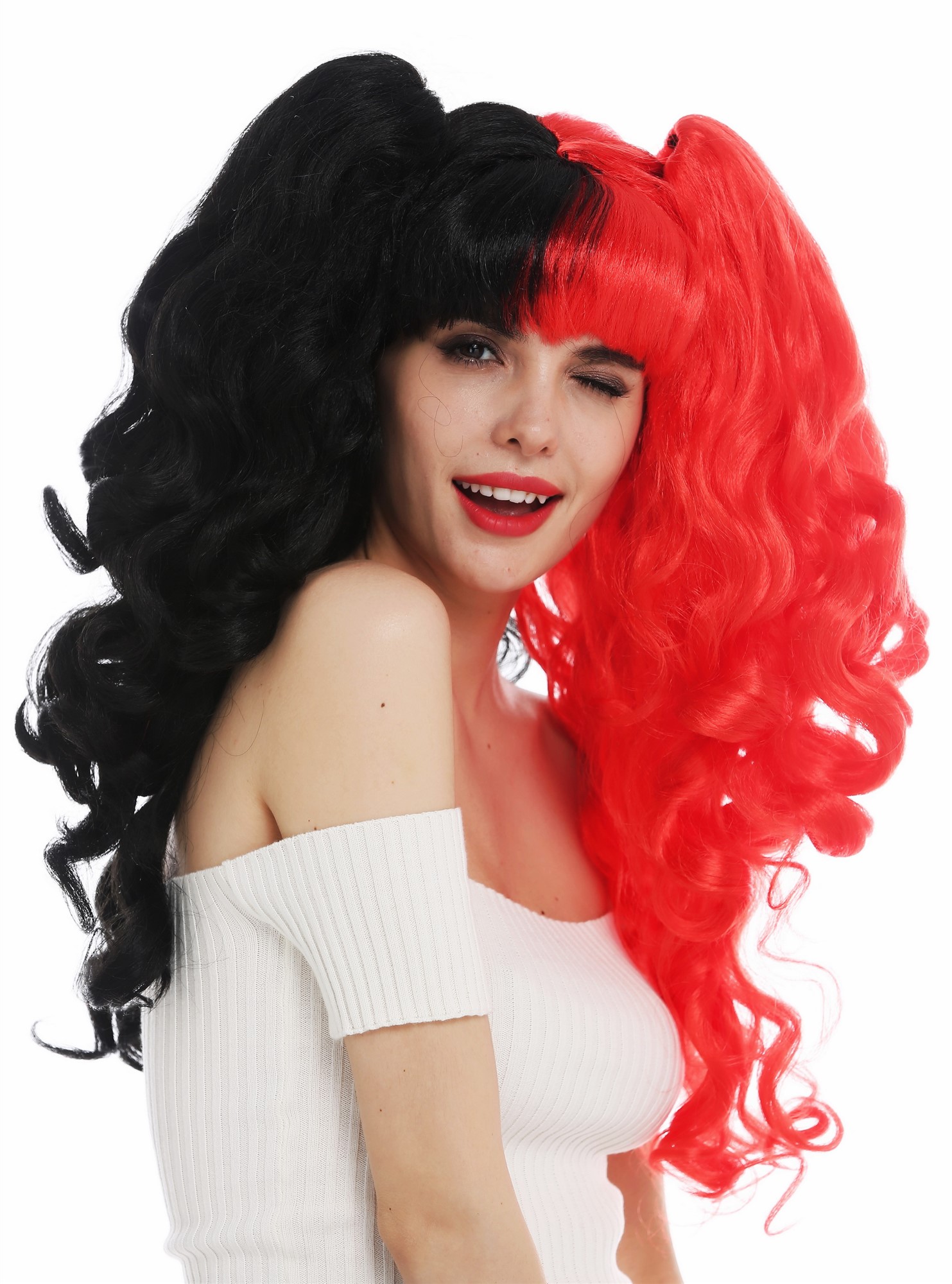 Wig women Cosplay long curly attachable braids Gothic Lolita black red SH70103 , front view, WIG ME UP: Your Perücken Online Shop Party Wig, Ladies, deep black and bright red mix, curled, long