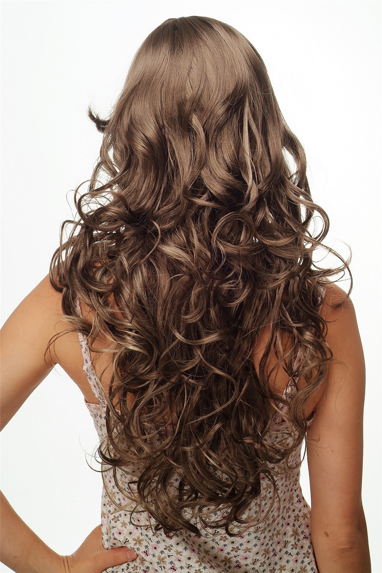 hochwertige Qualitätsperücken, Damenperücke Lang Lockig Braun-Mix Strähnen Modell: TYW60430, Ansicht 4, WIG ME UP: Ihr Perücken Online Shop lockige Tressen-Perücke mit Kopfhaut-Imitat Mittelbraun-Lichtblond-Mix lange Haare für Damen