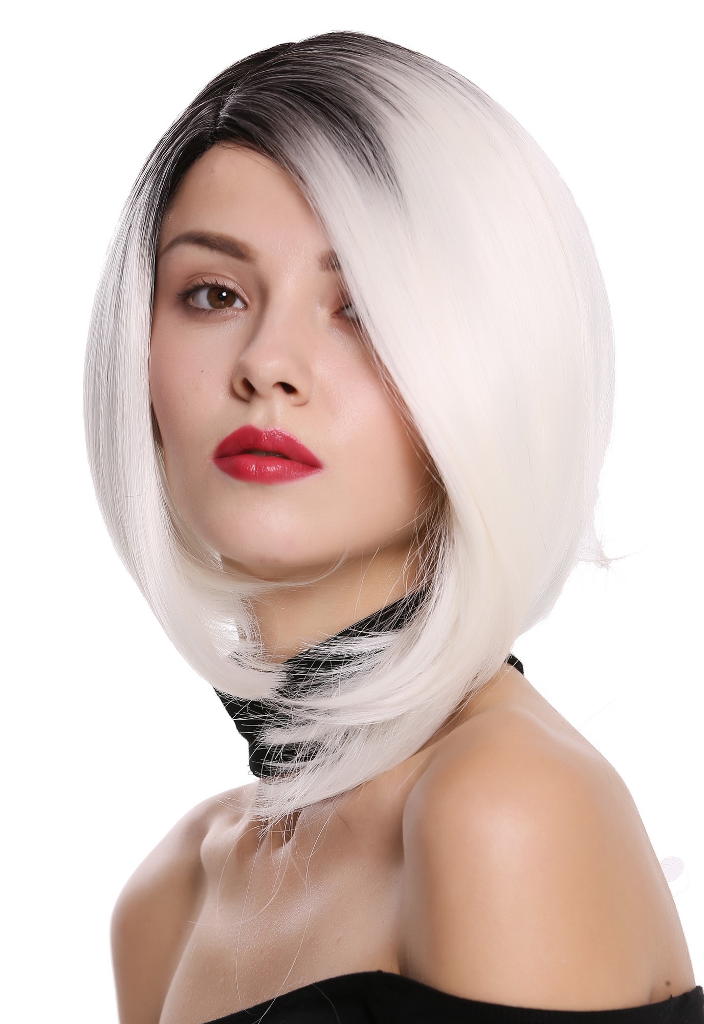 Quality Wigs, Ladies, deep black and flower white mix, straight, shoulder-length