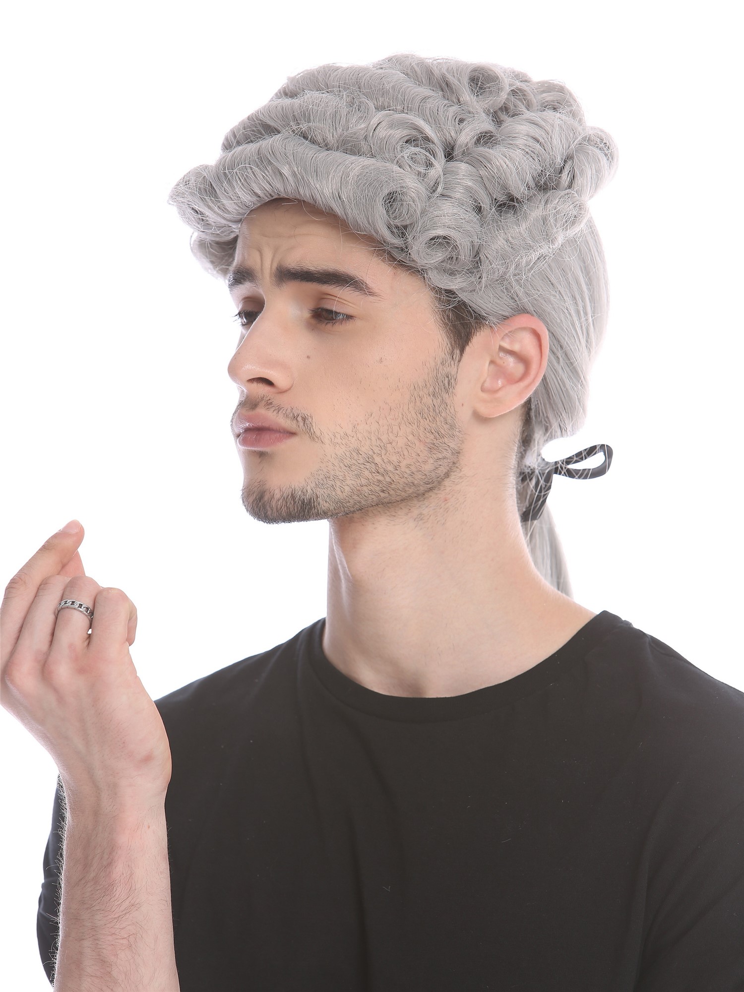 Party wig men baroque Lord Judge Poet Noble dark grey gray curls ponytail DH1126, front view, WIG ME UP: Your Perücken Online Shop Party Wig, Men, Grey, curled, shoulder-length