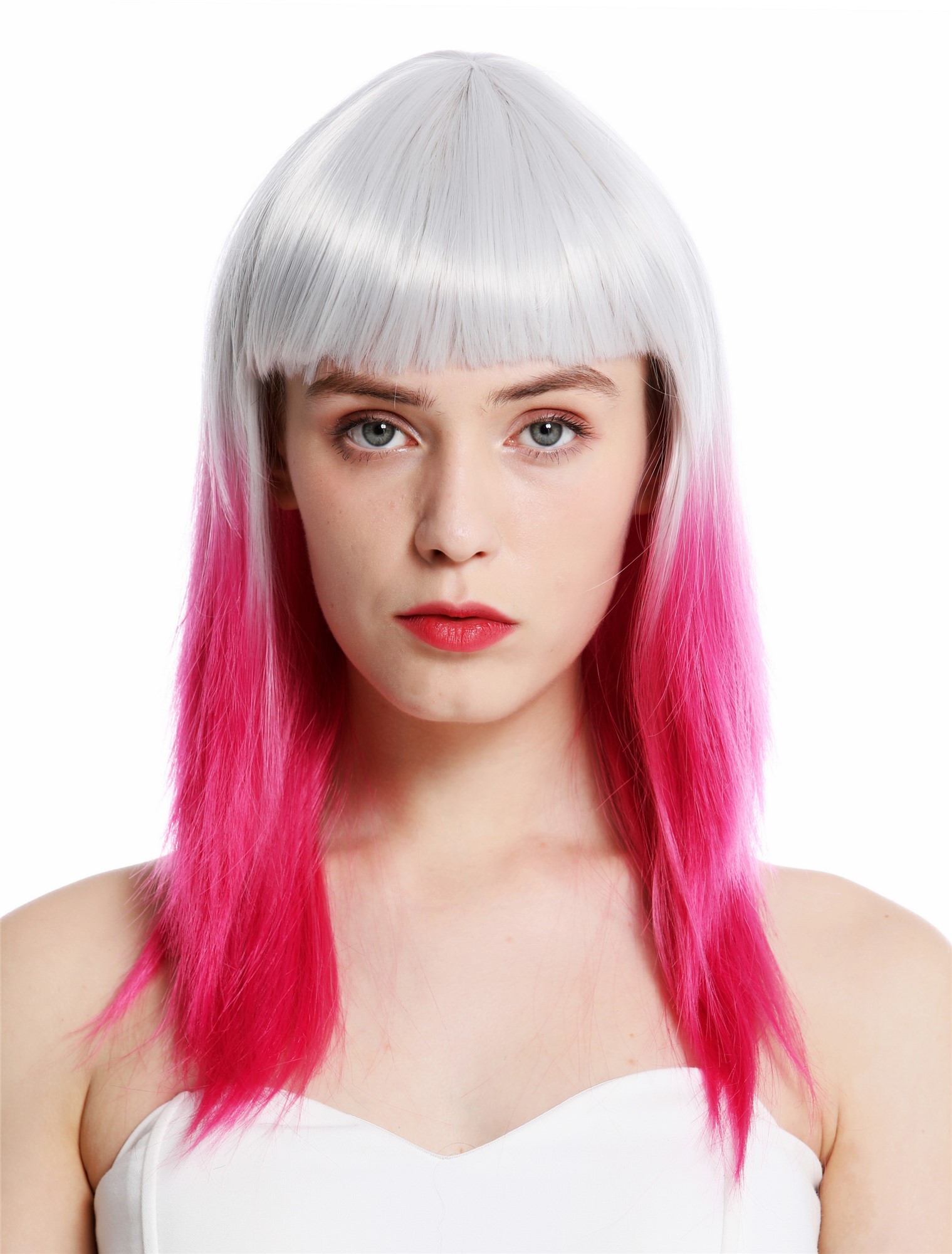 hochwertige Qualitätsperücken, Perücke lang glatt Pony Ombre Grau Rosa 8967-8CR60, Ansicht 2, WIG ME UP: Ihr Perücken Online Shop glatte Tressen-Perücke mit Kopfhaut-Imitat Grau-Rosa-Mix lange Haare für Damen