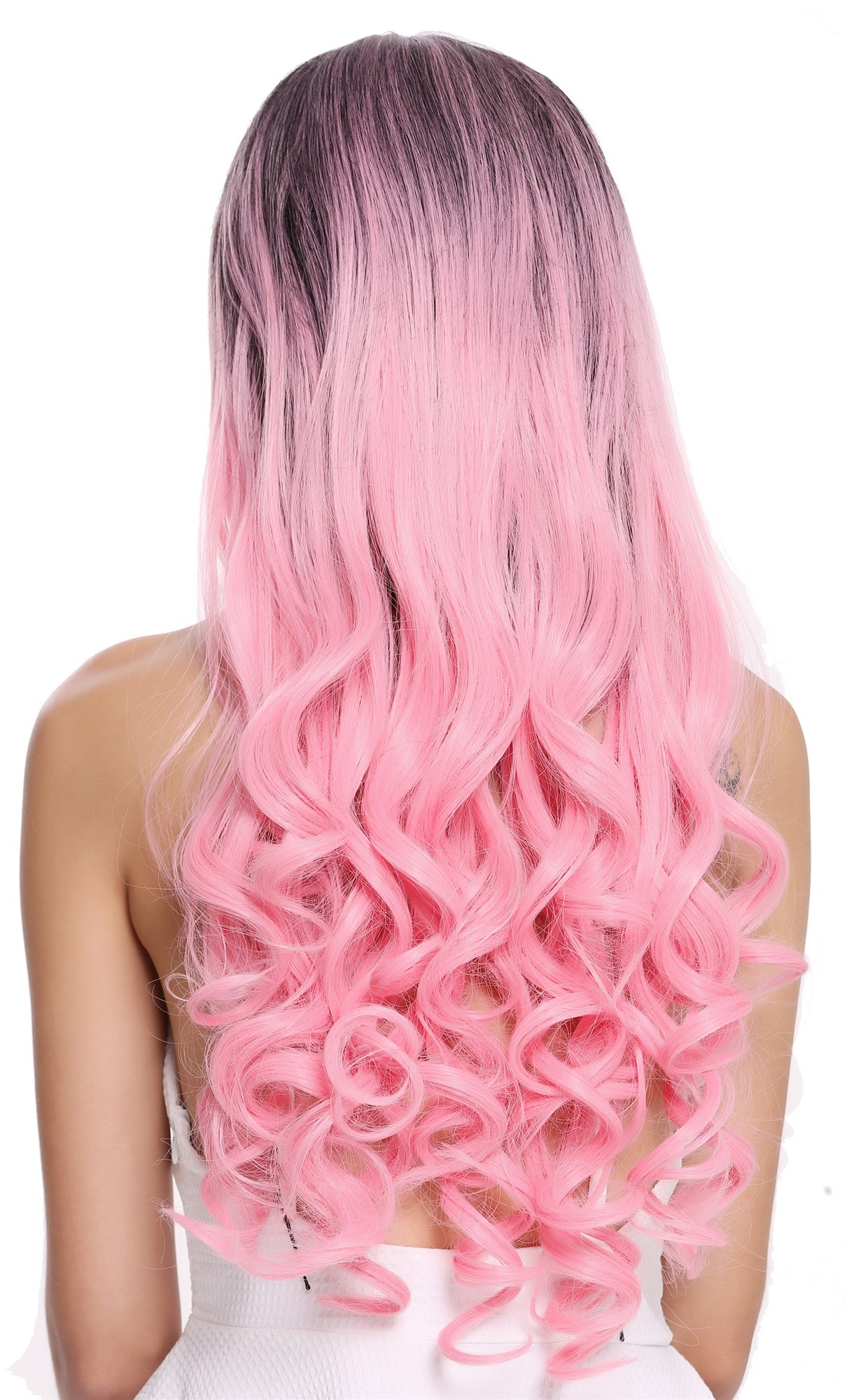 hochwertige Qualitätsperücken, Perücke lang Mittelscheitel Ombre Schwarz Rosa ZM-1707-1BT2311, Ansicht 4, WIG ME UP: Ihr Perücken Online Shop lockige Tressen-Perücke mit Kopfhaut-Imitat Schwarz-Hellrosa-Mix lange Haare für Damen