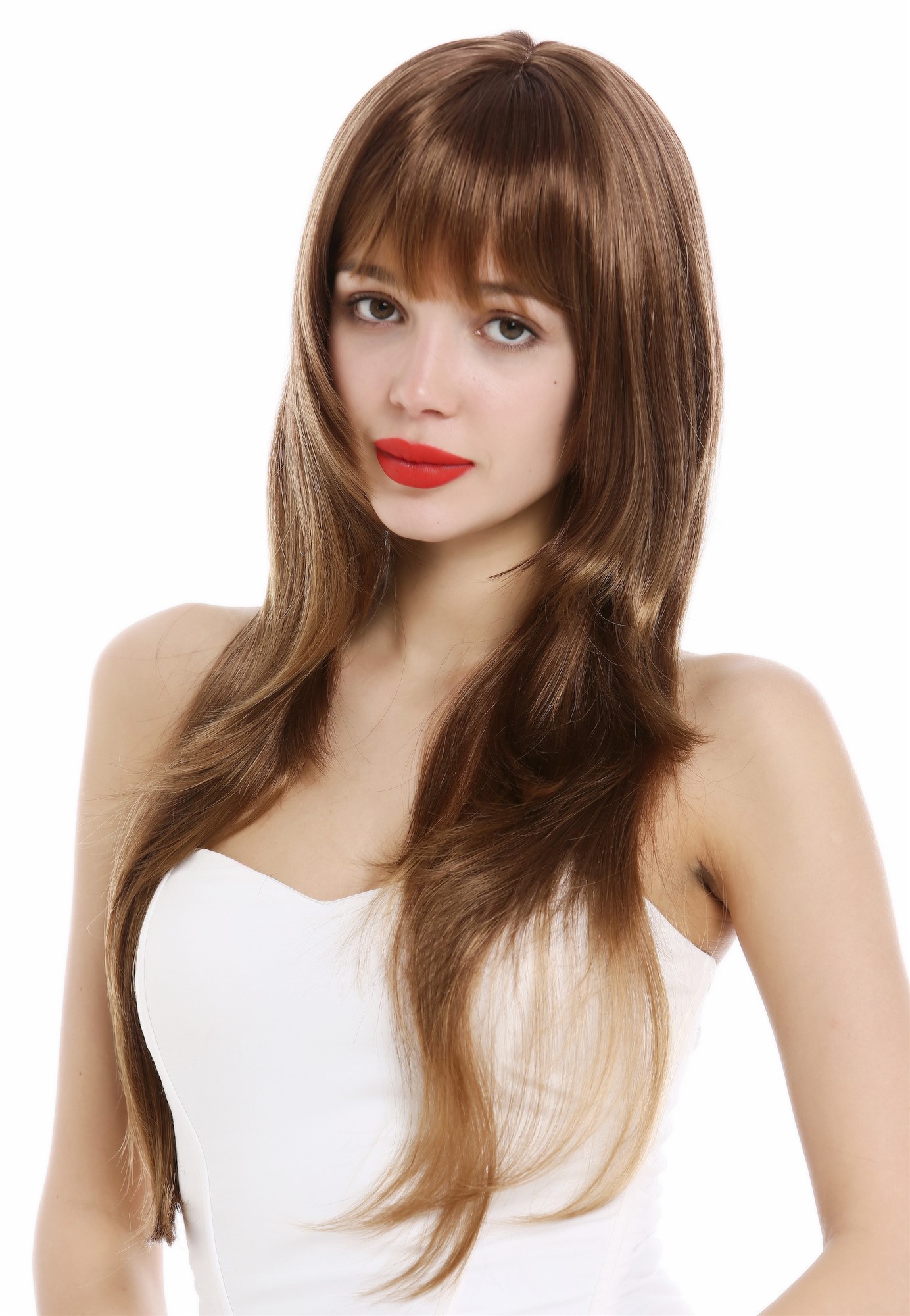 hochwertige Qualitätsperücken, Perücke lang glatt gestuft Rotbraun Blond Gesträhnt VK-43-33T27, Ansicht 2, WIG ME UP: Ihr Perücken Online Shop glatte Tressen-Perücke mit Kopfhaut-Imitat Braun-Blond-Mix sehr lange Haare für Damen