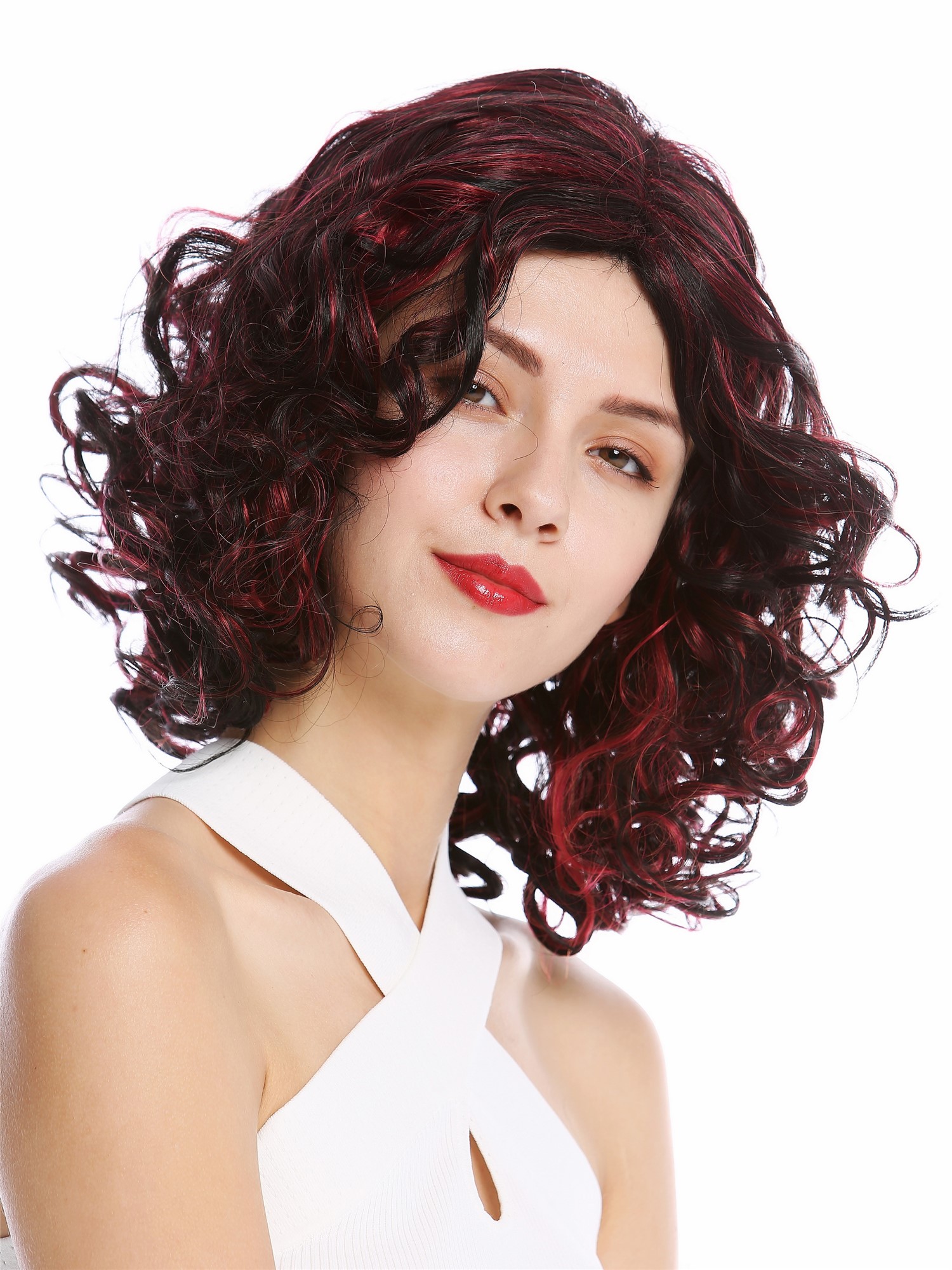 hochwertige Qualitätsperücken, Perücke schulterlang Locken Scheitel Schwarz Rot Gesträhnt GFW2128-1H139, Ansicht 3, WIG ME UP: Ihr Perücken Online Shop lockige Tressen-Perücke Schwarz-Rot-Mix schulterlange Haare für Damen