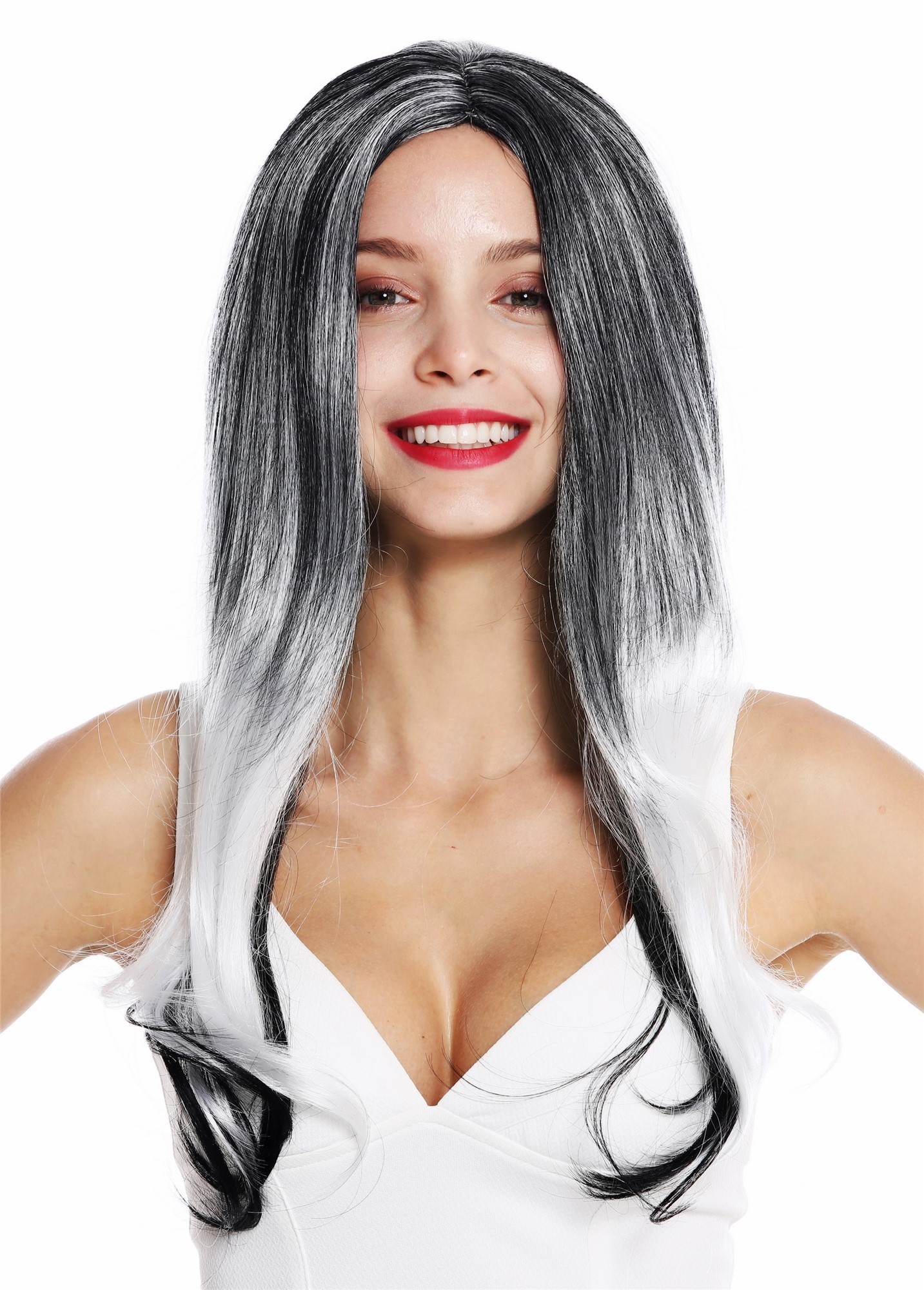 hochwertige Qualitätsperücken, Perücke lang Mittelscheitel Ombre Balayage Schwarz Weiß Grau ZM-1830-TM802/TM1, Ansicht 2, WIG ME UP: Ihr Perücken Online Shop lockige Tressen-Perücke mit Kopfhaut-Imitat Grau-Weiß-Schwarz-Mix lange Haare für Damen