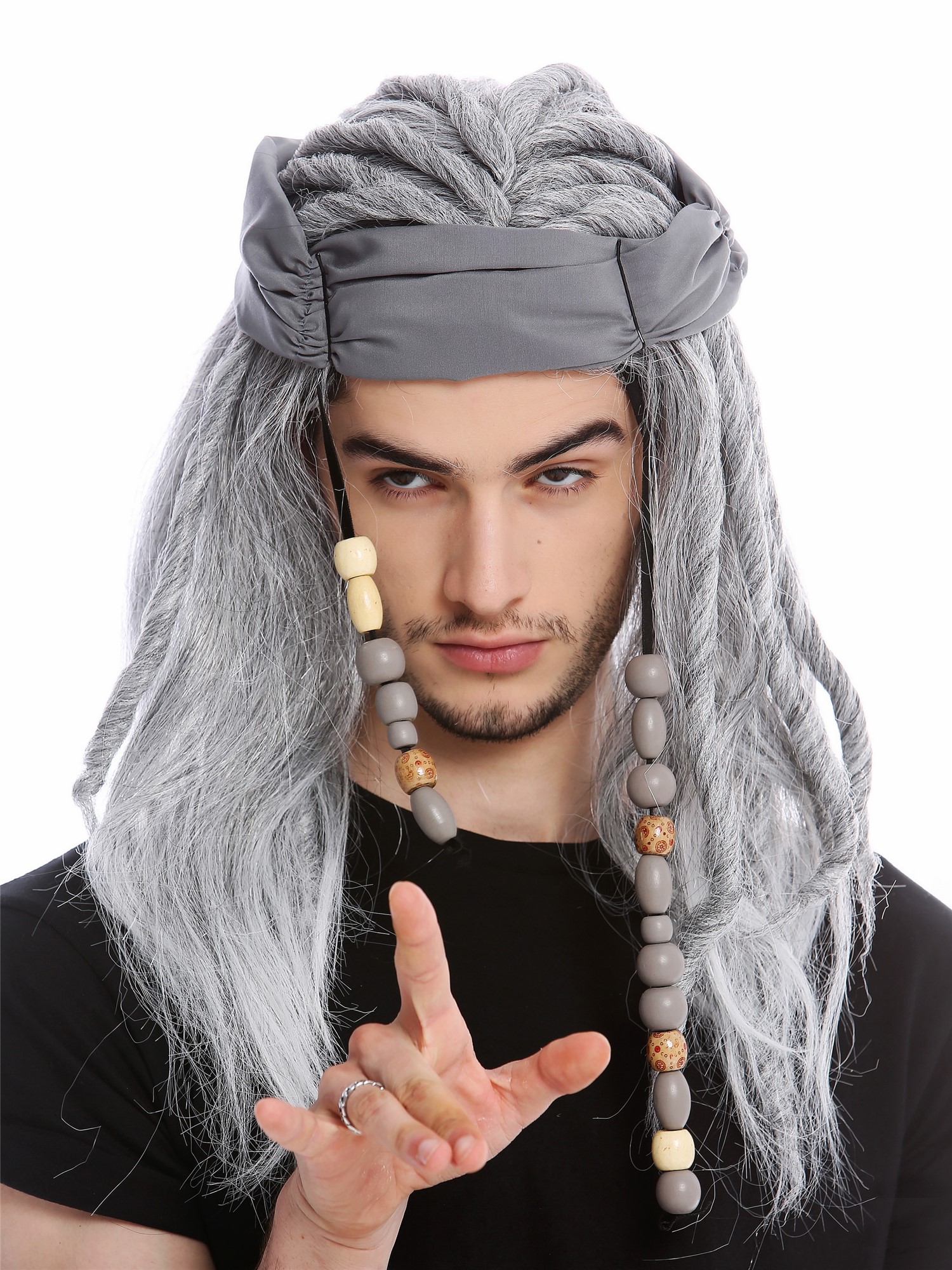 günstige Party Perücke, Perücke Pirat Kopftuch Dreadlocks Grau 91531-ZA60TZA68A/ZA103, Vorderansicht, WIG ME UP: Ihr Perücken Online Shop glatte Party Perücke Grau,Dreads lange Haare Unisex
