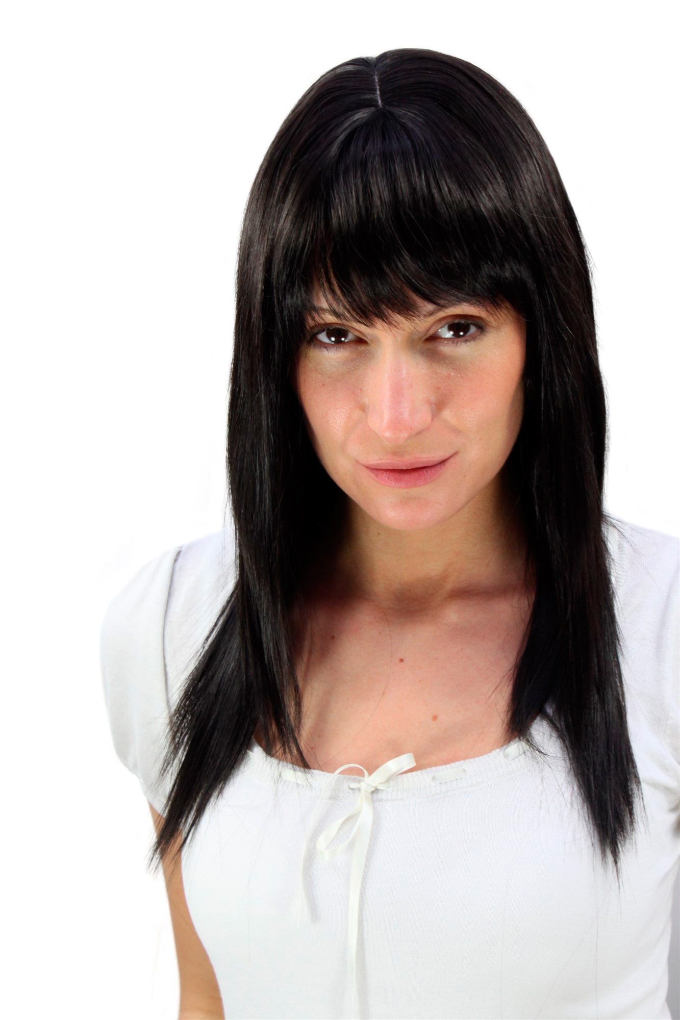 hochwertige Qualitätsperücken, Damen Perücke super sexy wilder Pony lang LA032-2, Vorderansicht, WIG ME UP: Ihr Perücken Online Shop glatte Tressen-Perücke mit Kopfhaut-Imitat Schwarzbraun lange Haare für Damen