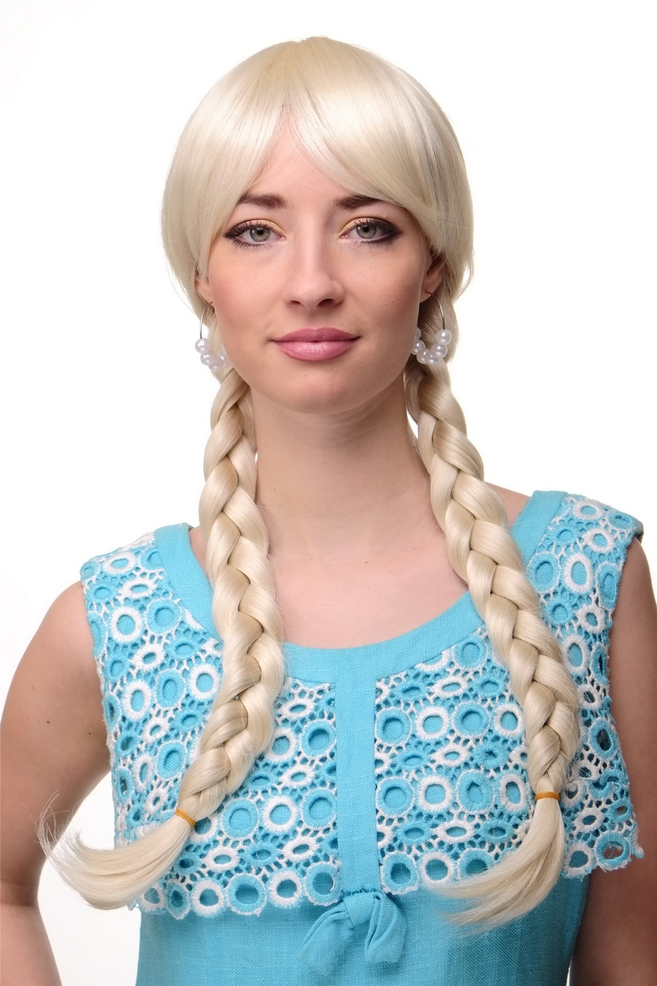 hochwertige Qualitätsperücken, Damen Perücke geflochtene Zöpfe Schulmädchen-Look Platinblond Modell: 3446, Vorderansicht, WIG ME UP: Ihr Perücken Online Shop geflochtene Tressen-Perücke Platinblond lange Haare für Damen