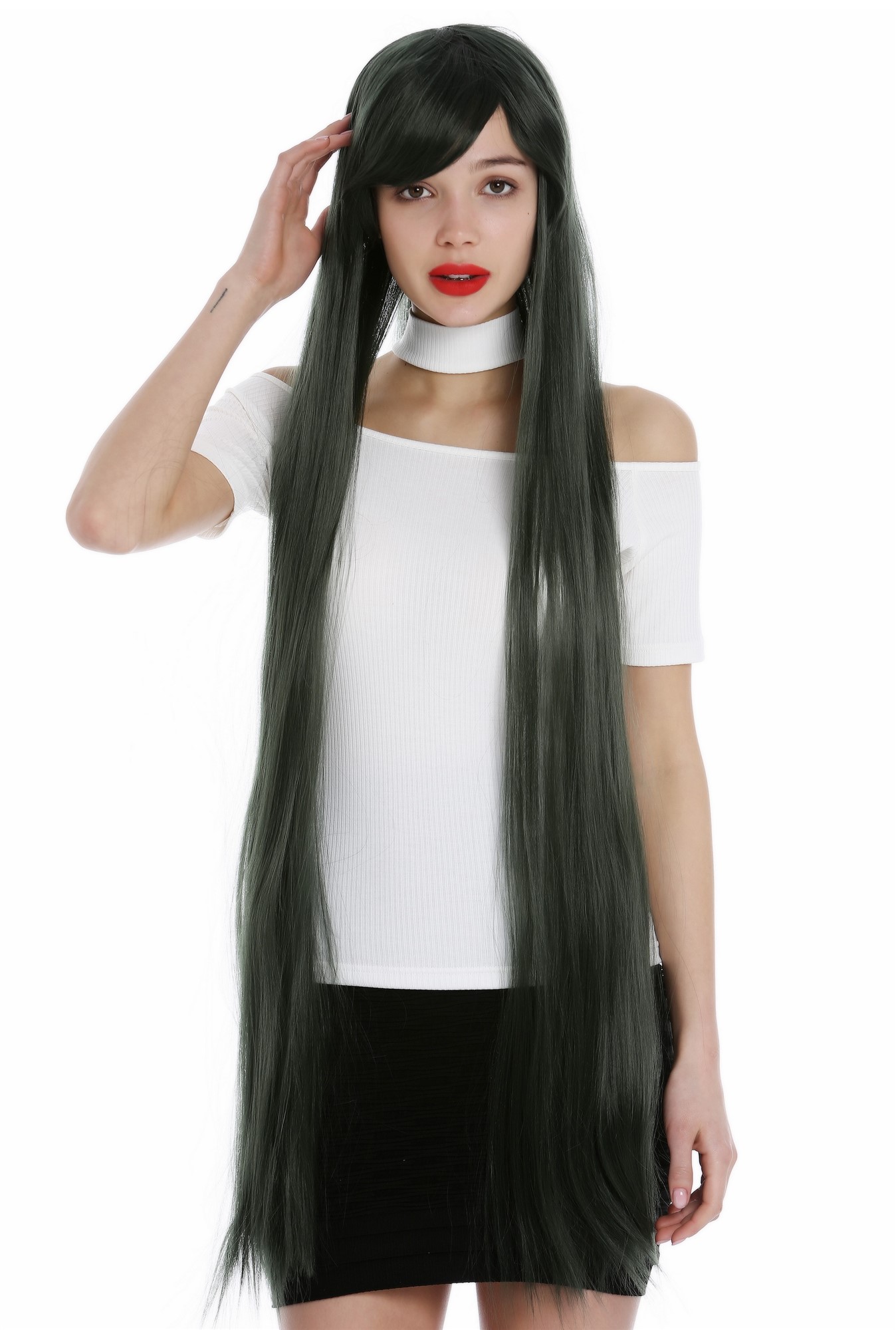 Lady Women Cosplay wig very long sleek look dark green YZF-0826, front view, WIG ME UP: Your Perücken Online Shop Quality Wigs, Ladies, dark green, straight, very long
