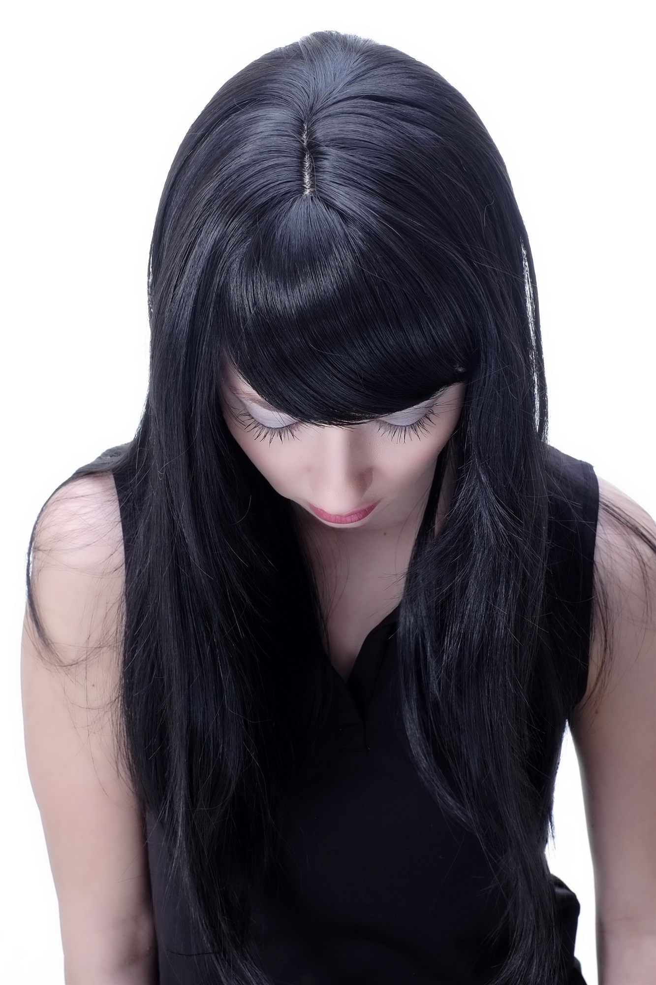 Lady women wig medium long straight sleek fringe bangs off black Goth Emo 3280, view 5, WIG ME UP: Your Perücken Online Shop Quality Wigs, Ladies, black-brown, straight, long