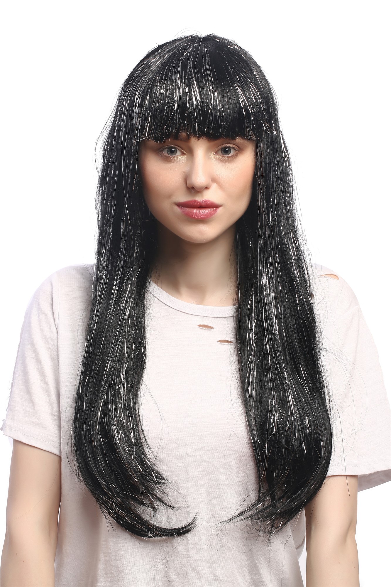 Lady Party Wig Fancy Dress long black with silver strands bangs straight Sci-Fi Android Disco Doll, front view, WIG ME UP: Your Perücken Online Shop Party Wig, Ladies, Black, straight, long