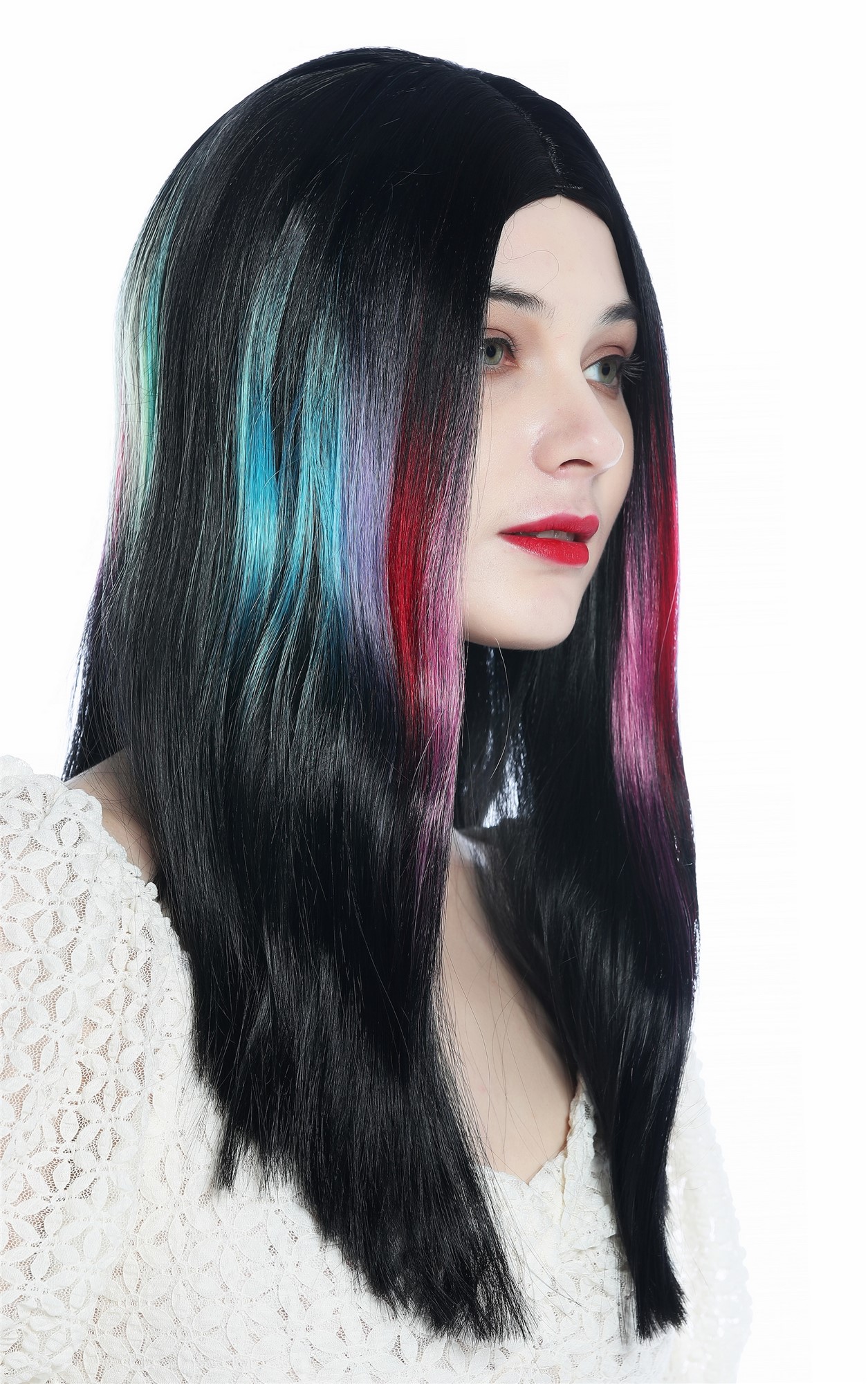 hochwertige Qualitätsperücken, Perücke lang glatt Mittelscheitel Schwarz bunte Strähnen DW3314A-YP1B/1137, Ansicht 2, WIG ME UP: Ihr Perücken Online Shop glatte Tressen-Perücke mit Kopfhaut-Imitat Schwarz mit regenbogenfarbenen Strähnen schulterlange Haare für Damen