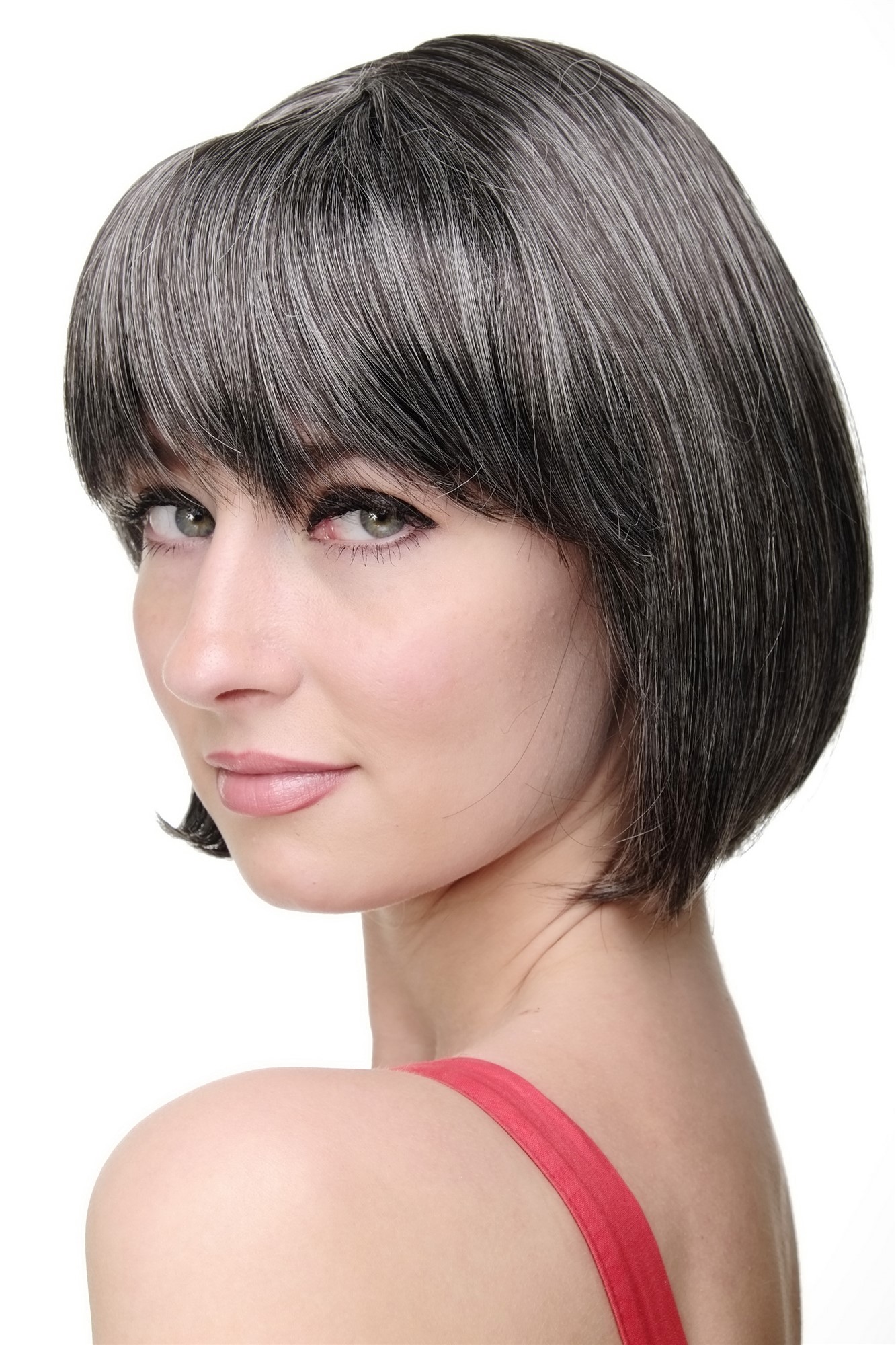 hochwertige Qualitätsperücken, Sexy Damen Bob Perücke glatte kurze Haare mit Pony Braun-Grau-Mix 703-44, Ansicht 2, WIG ME UP: Ihr Perücken Online Shop glatte Tressen-Perücke mit Kopfhaut-Imitat Dunkelbraun-Grau kurze Haare für Damen