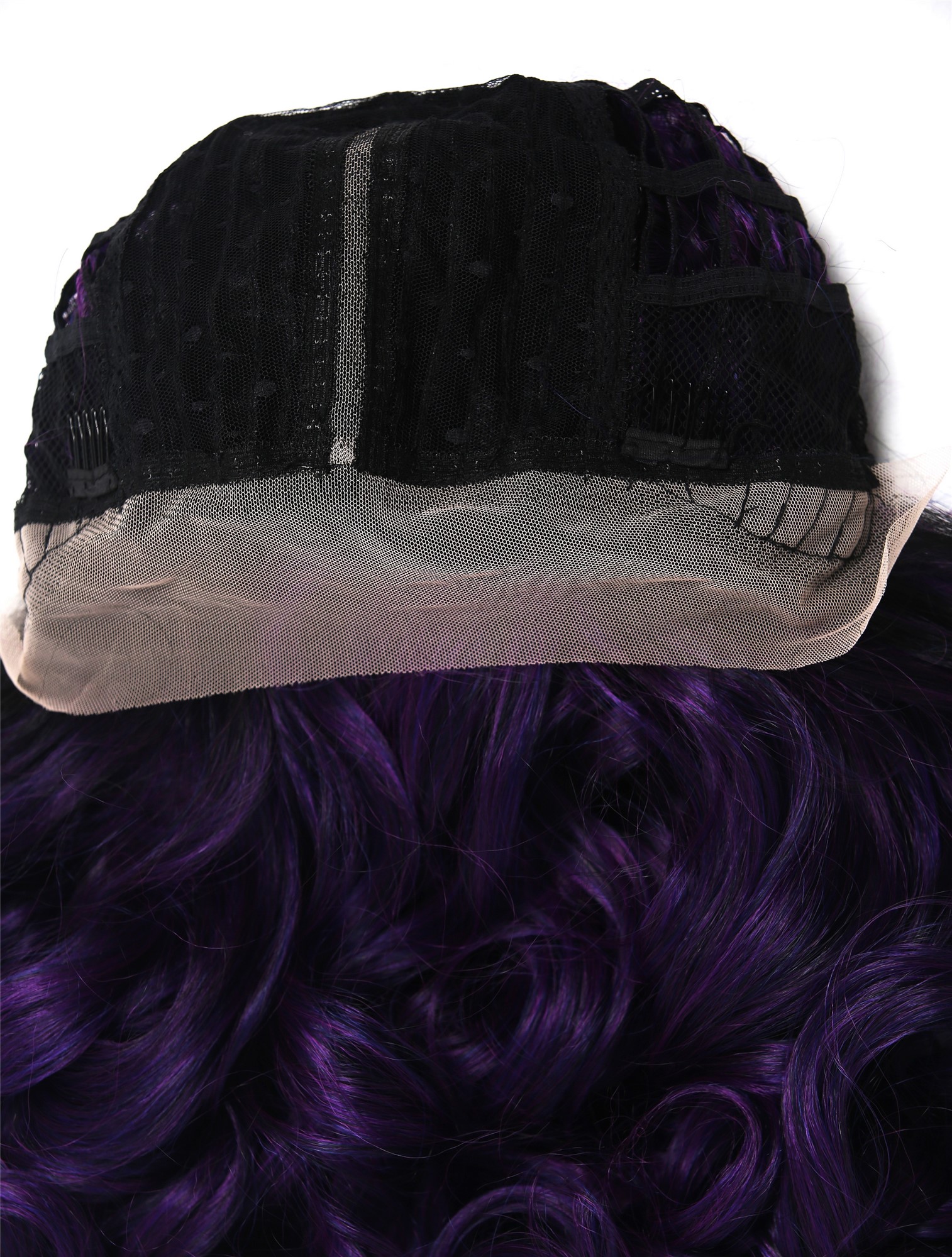 hochwertige Qualitätsperücken, Perücke Lace-Front extrem lang voluminös gelockt Ombre Schwarz Violett DW2904-MF-PURPLEYS1B, Ansicht 7, WIG ME UP: Ihr Perücken Online Shop lockige Tressen-Perücke mit Teil-Mono Oberkopf, Front-Lace Violett-Schwarz-Mix sehr lange Haare für Damen