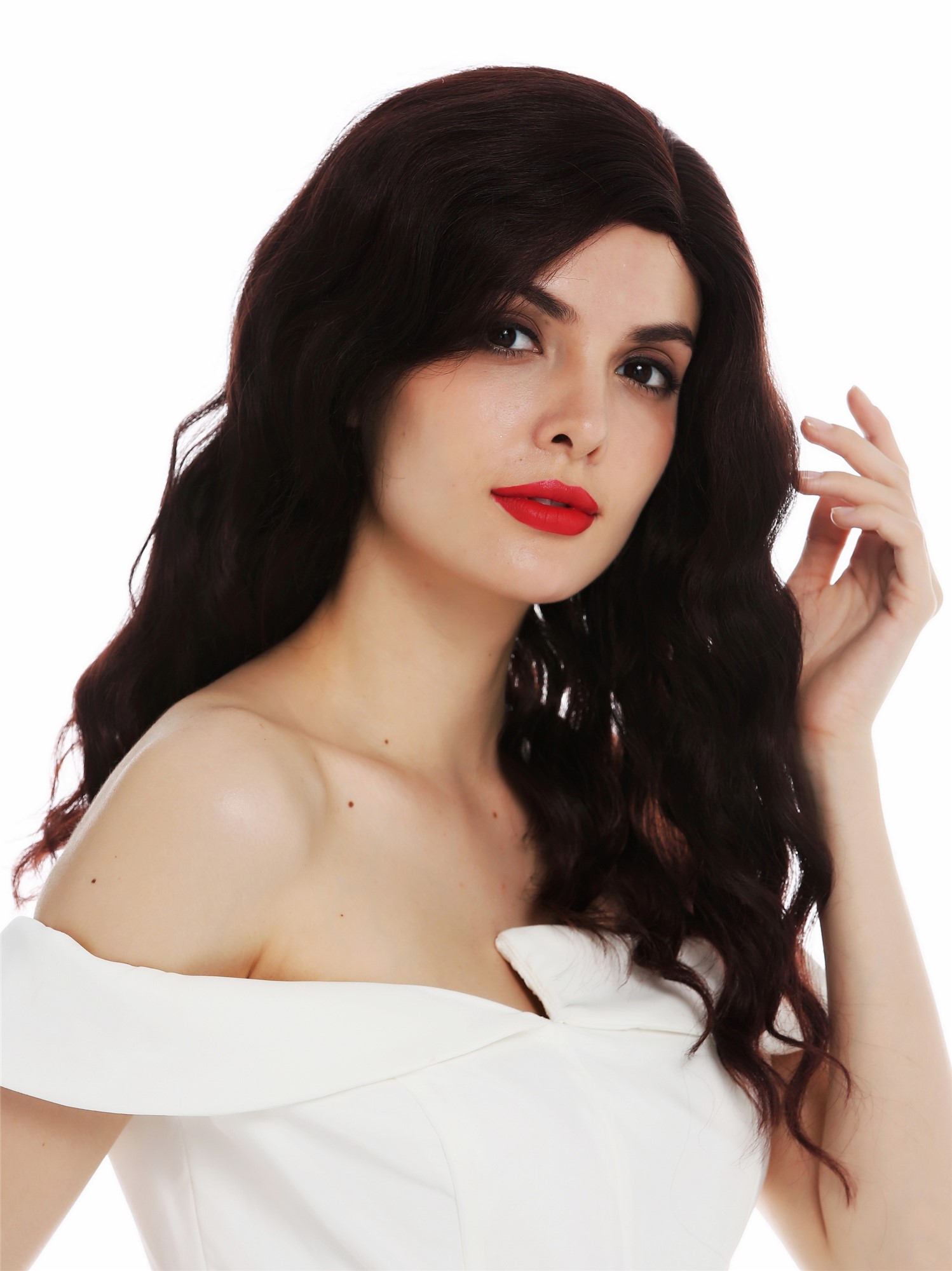 hochwertige Qualitätsperücken, Perücke lang Scheitel edel wellig gewellt Mahagoni Braun gesträhnt Hollywood Diva VK-58-2T33, Vorderansicht, WIG ME UP: Ihr Perücken Online Shop wellige Tressen-Perücke mit Kopfhaut-Imitat Schwarz-Braun-Mix schulterlange Haare für Damen