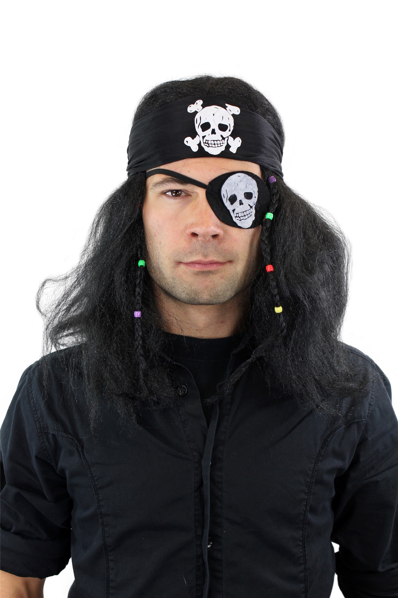 Party Halloween Pirate Set wild black Wig Bandana Eye Patch Jolly Roger 26583, front view, WIG ME UP: Your Perücken Online Shop Party Wig, Men, Black, Braided, long