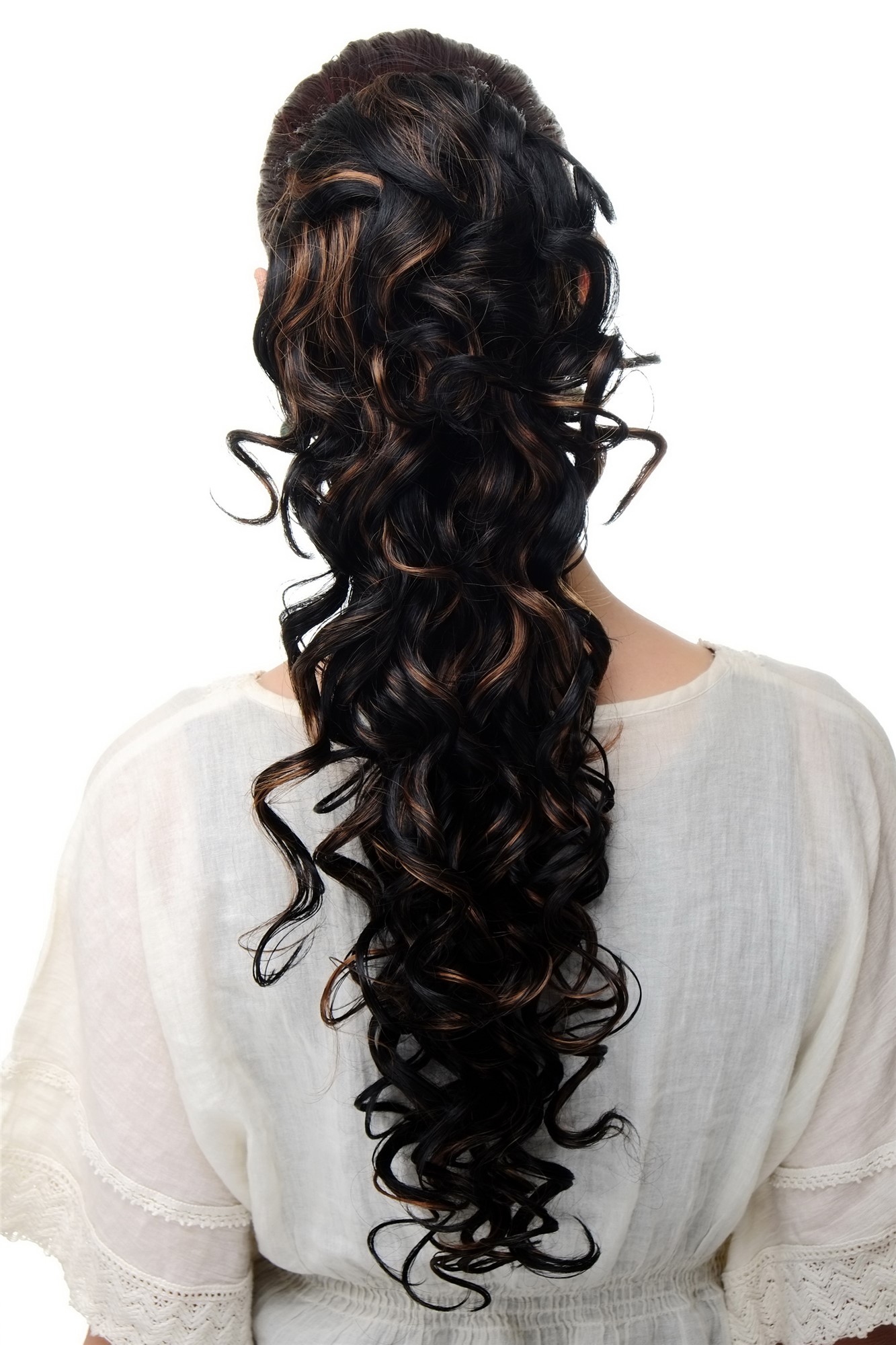 JL-3266-1BF30 Ponytail Hairpiece extension very long curled l curls black mixed with light copper brown claw clamp 22", front view, WIG ME UP: Your Perücken Online Shop Ponytails, velvet black-medium rust brown mix, curled, long