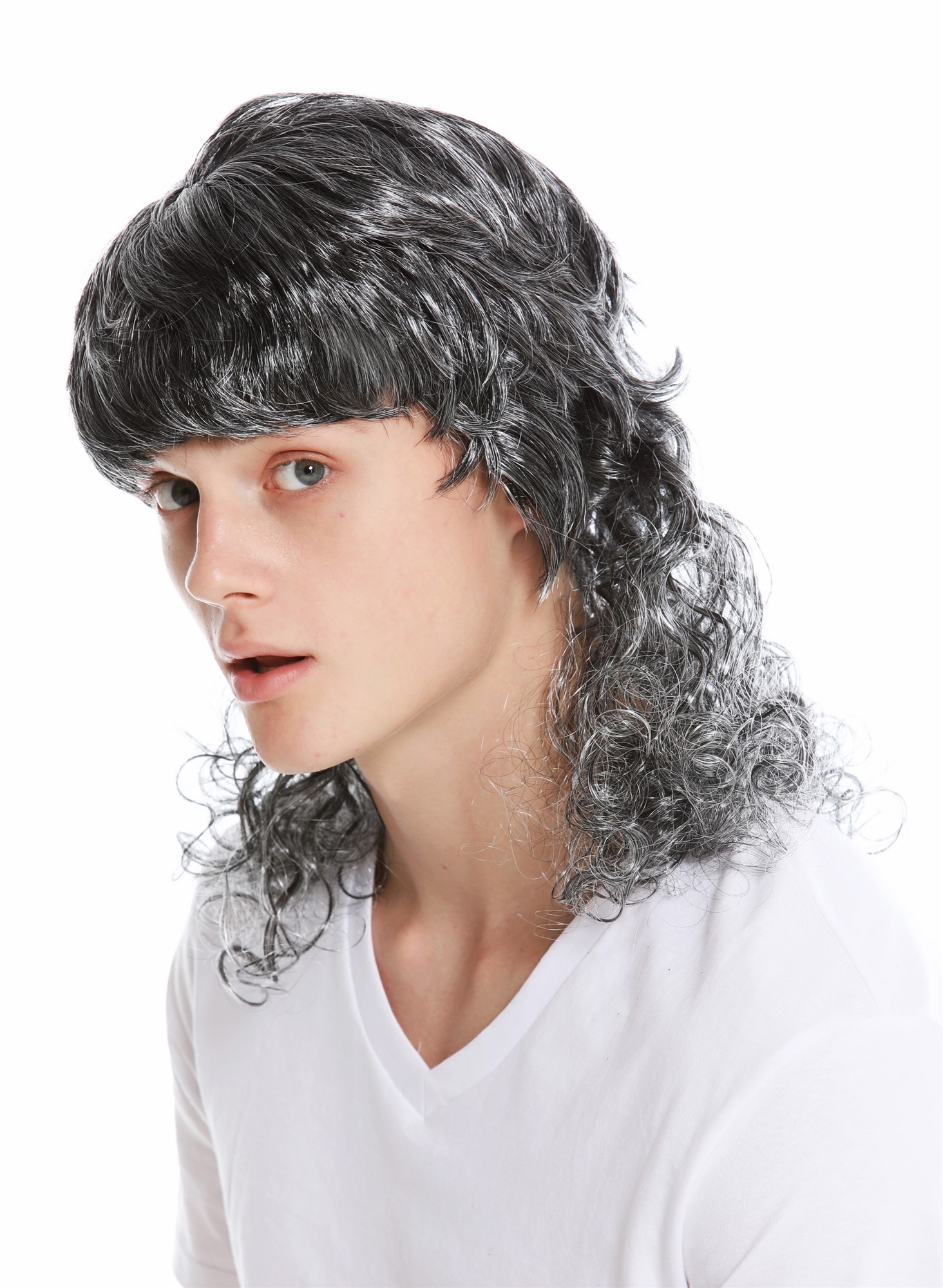 Party wig women men carnival curly mullet lad crooner film star black-grey 60893, view 3, WIG ME UP: Your Perücken Online Shop Party Wig, Unisex, dark gray, curled, shoulder-length