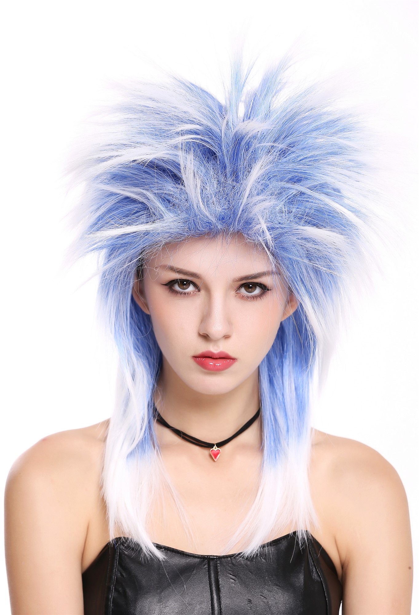 günstige Party Perücke, Perücke Vokuhila Blau Weiß Mix Toupiert 80er Punk 90891-ZAC3TZA60, Vorderansicht, WIG ME UP: Ihr Perücken Online Shop glatte Party Perücke Blau,Weiß schulterlange Haare Unisex