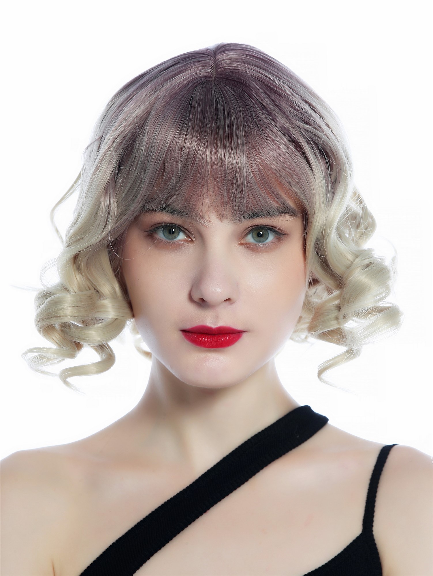 hochwertige Qualitätsperücken, Perücke kurz Pony Korkenzieher-Locken Ombre Dunkel-Violett Hellblond SZL0832-T-003, Ansicht 2, WIG ME UP: Ihr Perücken Online Shop lockige Tressen-Perücke mit Kopfhaut-Imitat Grauviolett-Matthellblond-Verlauf kurze Haare für Damen