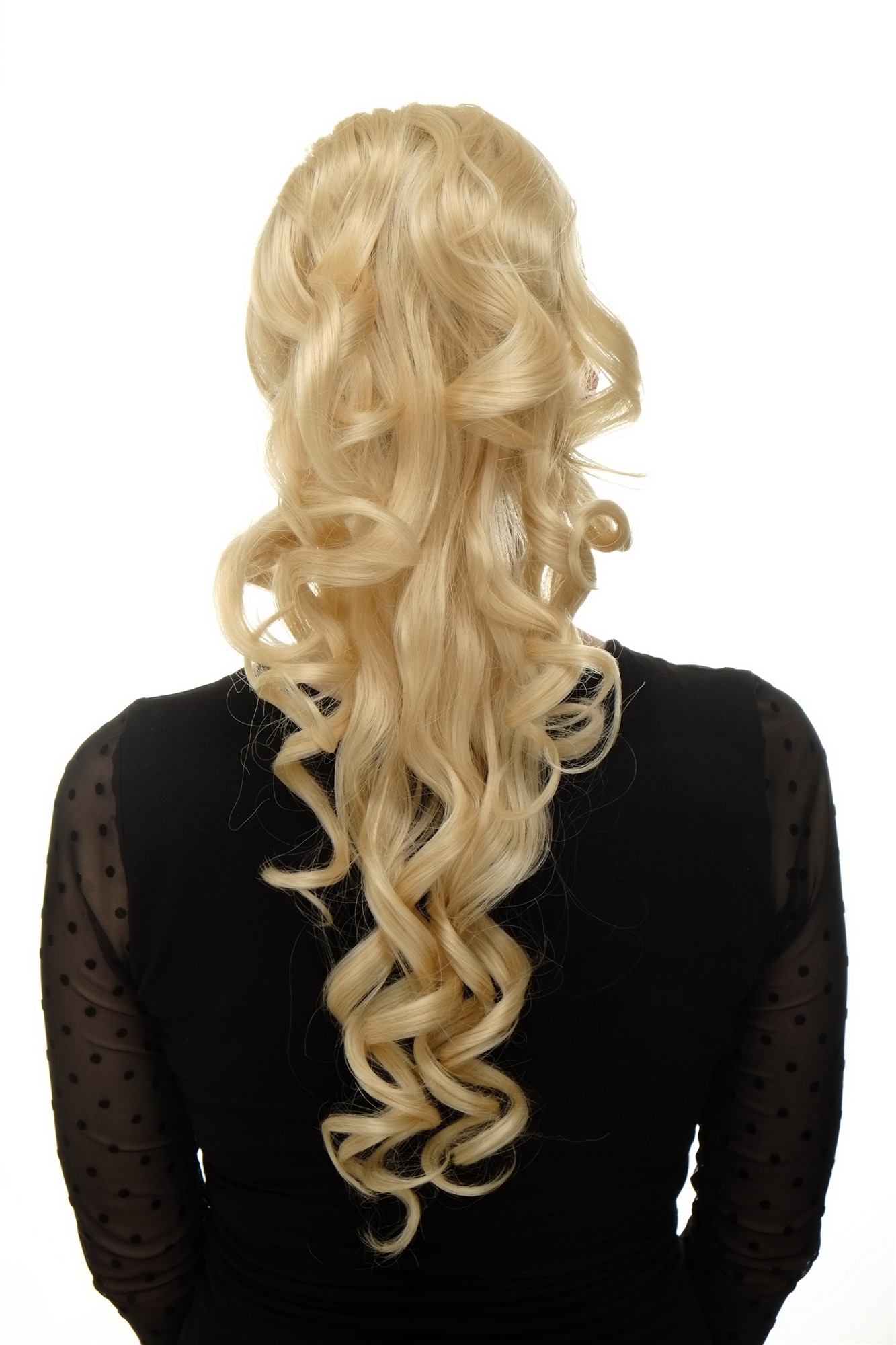 Ponytail combs elastic string curly voluminous very long very bright blond WK03, front view, WIG ME UP: Your Perücken Online Shop Ponytails, golden-light blonde, curled, long