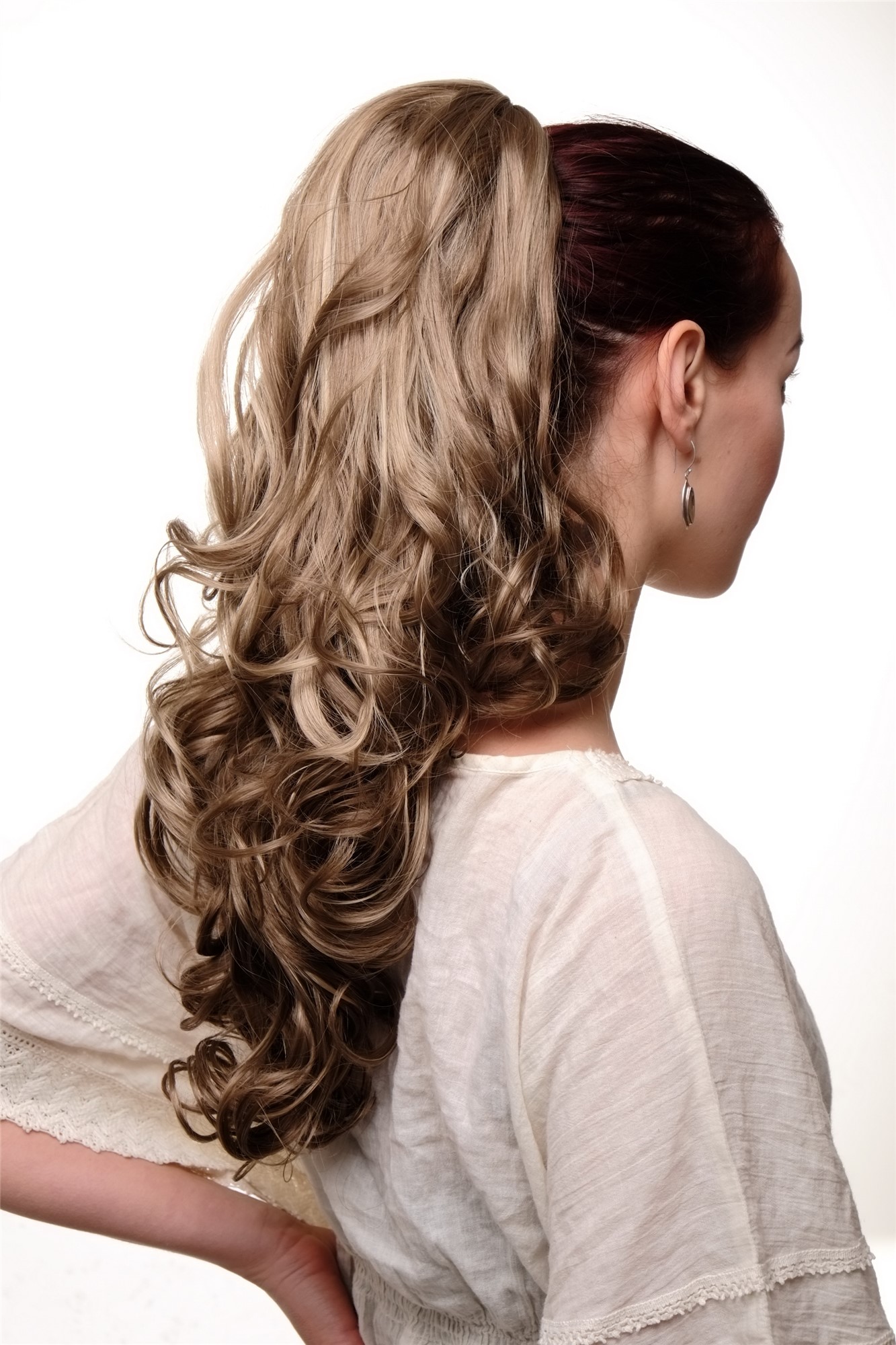 TYQ2169-14-26 Ponytail Hairpiece extension long voluminous wavy curled tips claw clamp light brown streaked blond highlights 22", view 2, WIG ME UP: Your Perücken Online Shop Ponytails, light brown-blonde mix, wavy, long
