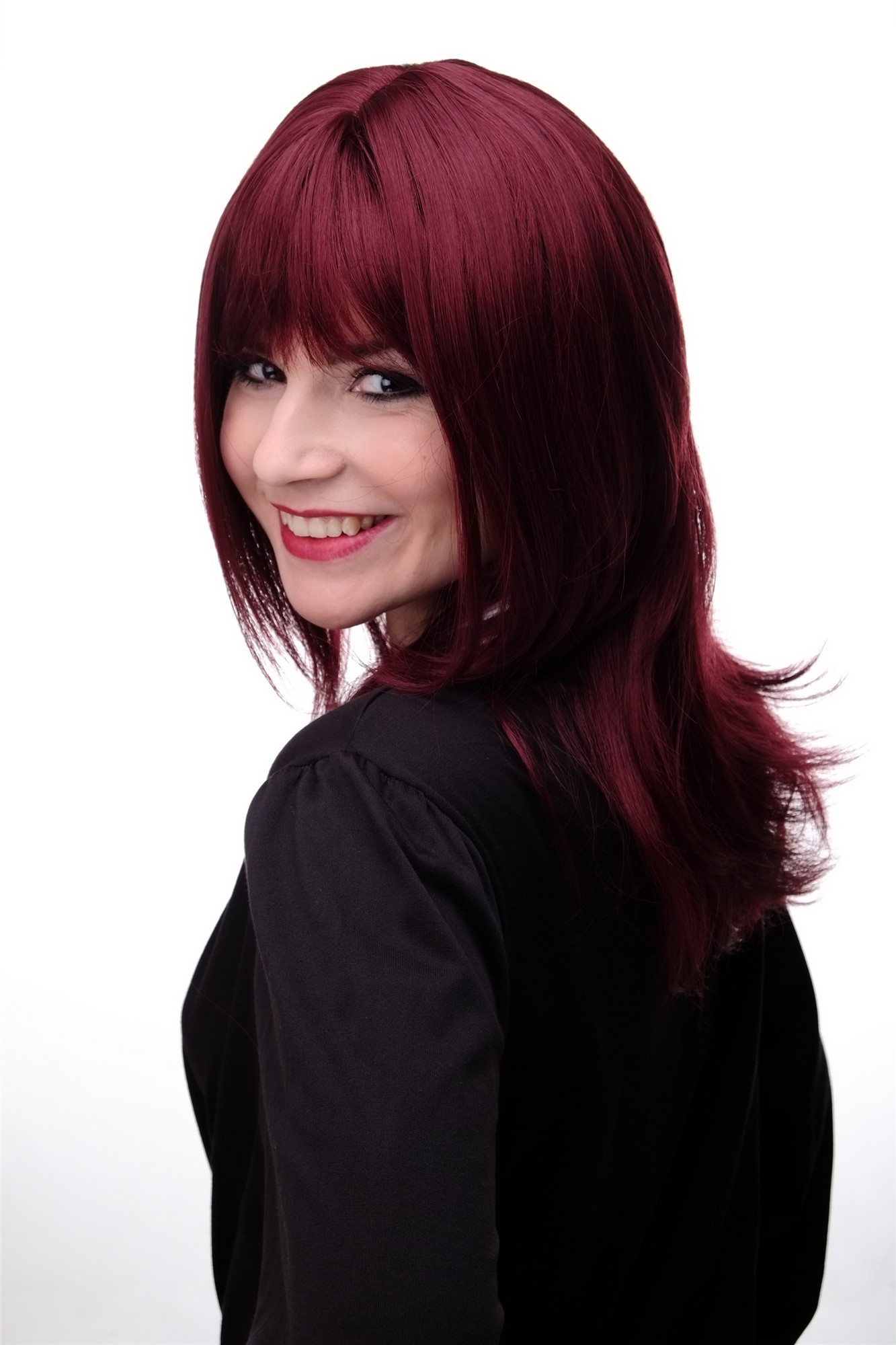 hochwertige Qualitätsperücken, Frauen Perücke schulterlang glatt gestufte Haare Rot Granatrot 3003-39, Ansicht 3, WIG ME UP: Ihr Perücken Online Shop glatte Tressen-Perücke mit Kopfhaut-Imitat Granatrot lange Haare für Damen