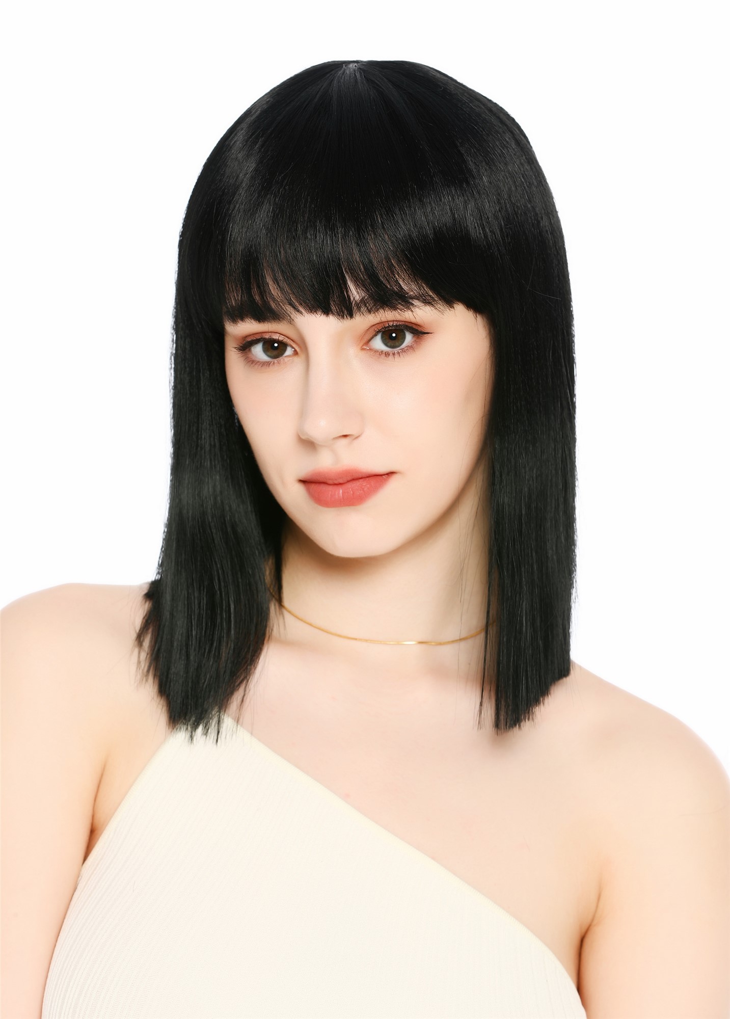 Perücke Damen Longbob glatt schulterlang Pony Clavi-Cut Schwarz Tiefschwarz VK-64-1
