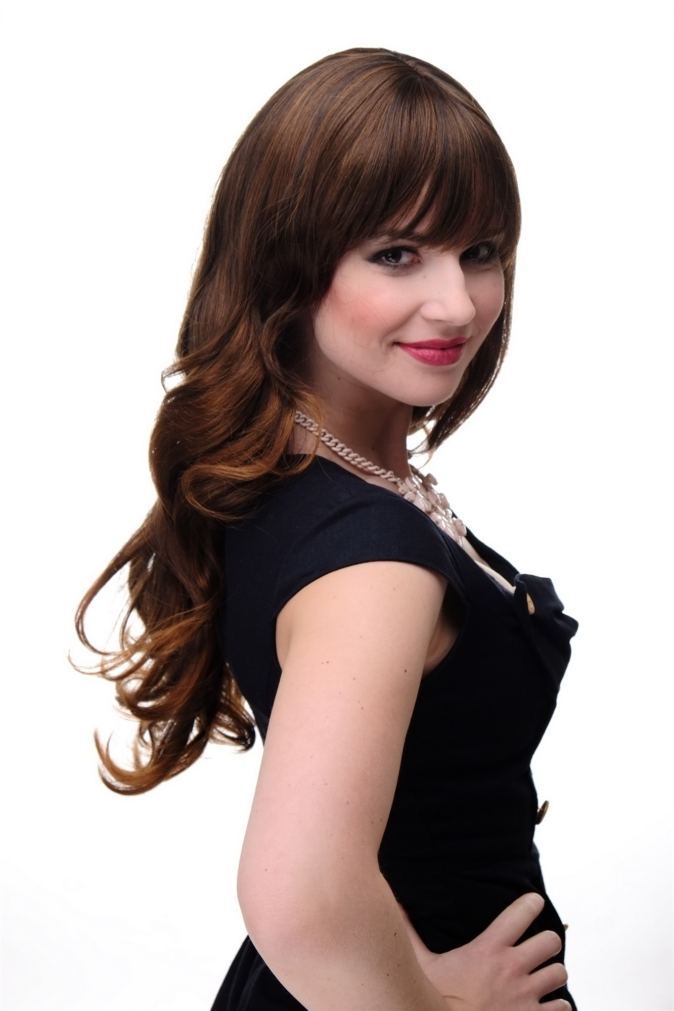 Lady wig very long curling tips straight top fringe bangs chestnut brown mix 285, view 4, WIG ME UP: Your Perücken Online Shop Quality Wigs, Ladies, black-brown-copper-brown mix, curled, long