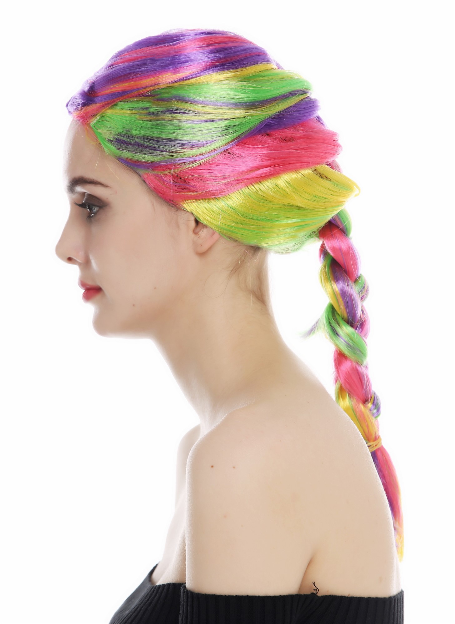 günstige Party Perücke, Perücke regenbogenfarben bunt Zopf geflochten lang 31946-FR-coloured, Ansicht 6, WIG ME UP: Ihr Perücken Online Shop geflochtene Party Perücke Lila,Rosa,Gelb,Grün schulterlange Haare für Damen