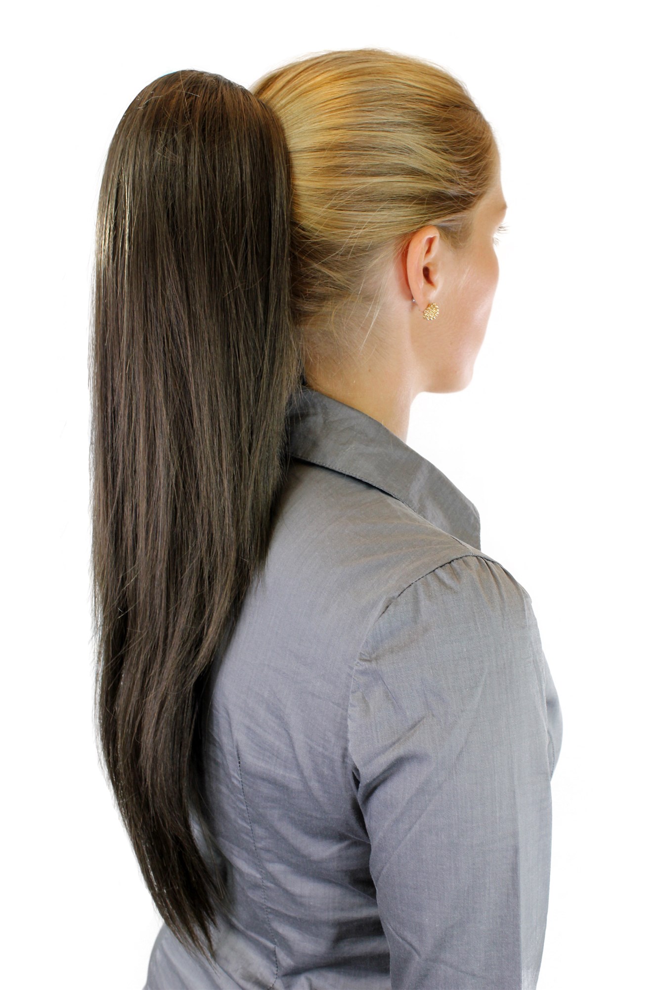 hochwertiges Haarteil voluminös glatt Butterfly-Clip + Gummizug Braun WK06-8, Ansicht 2, WIG ME UP: Ihr Perücken Online Shop glattes Zopf-Haarteil Braun 60 cm lang