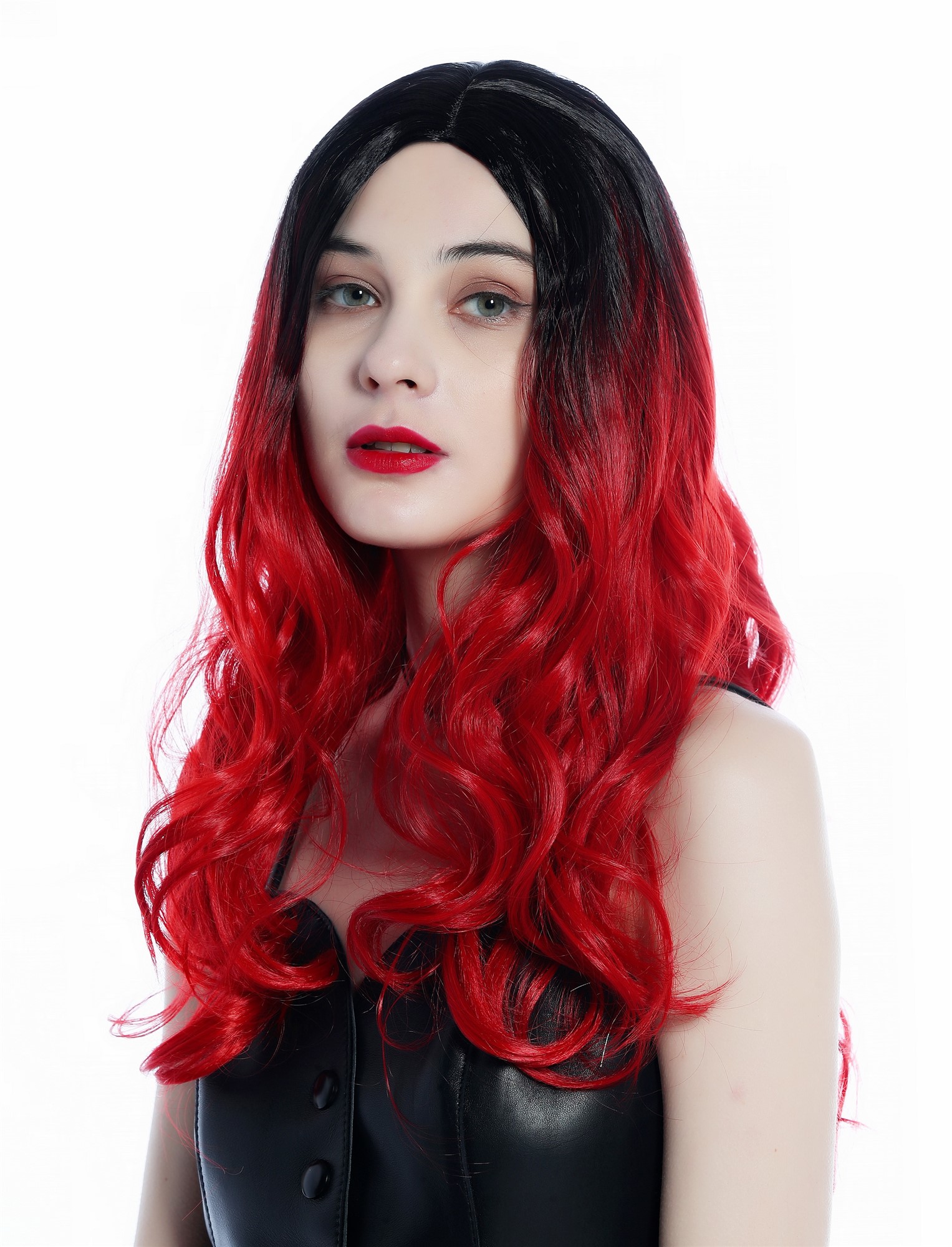 Women's Wig lady long wavy middle-parting ombre black to red ZM-1001, front view, WIG ME UP: Your Perücken Online Shop Quality Wigs, Ladies, black-red gradient, wavy, long
