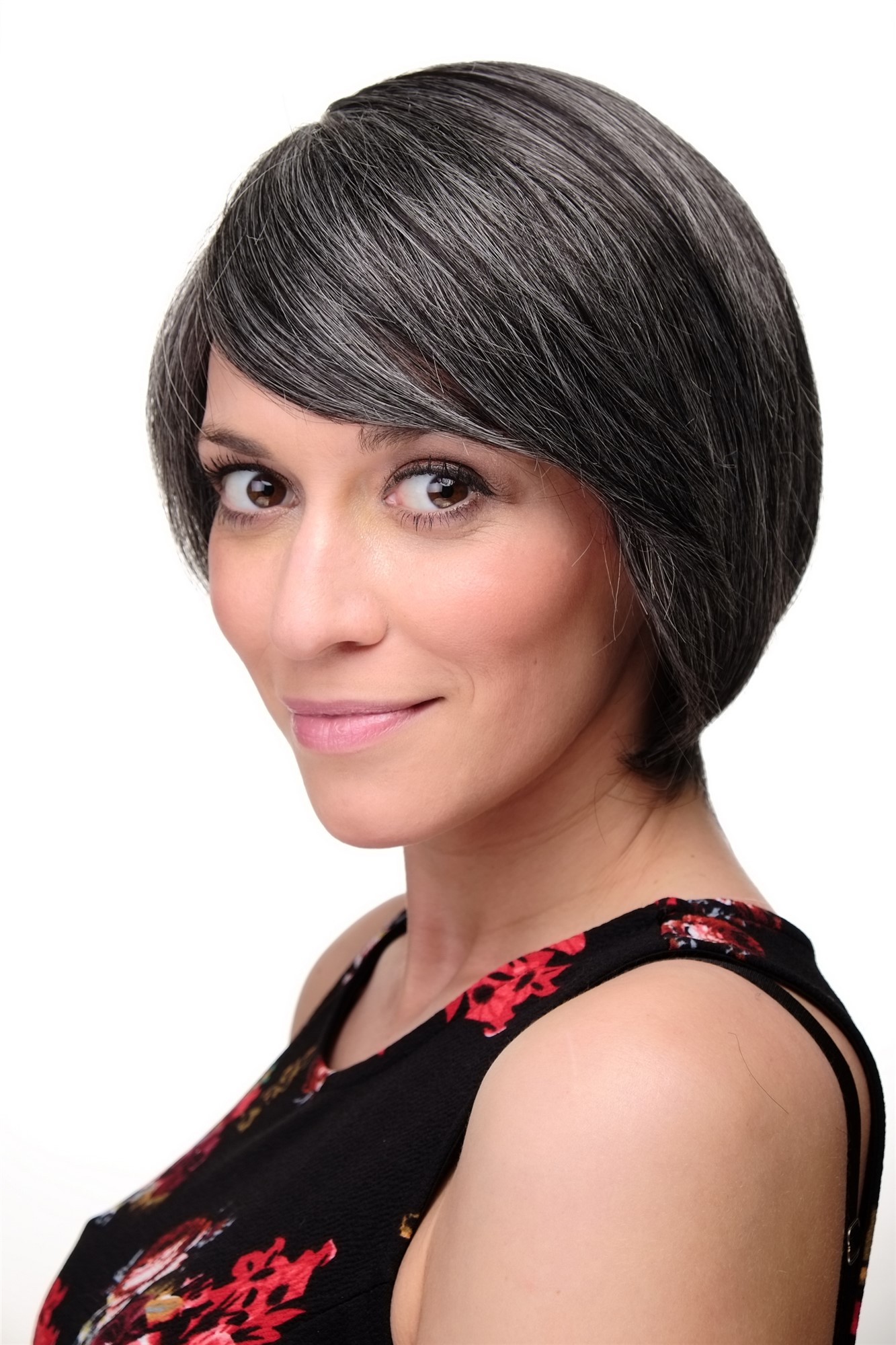 Lady women wig short long bob page long fringe parted to side dark gray 6082, view 2, WIG ME UP: Your Perücken Online Shop Quality Wigs, Ladies, dark brown-gray mix, straight, short