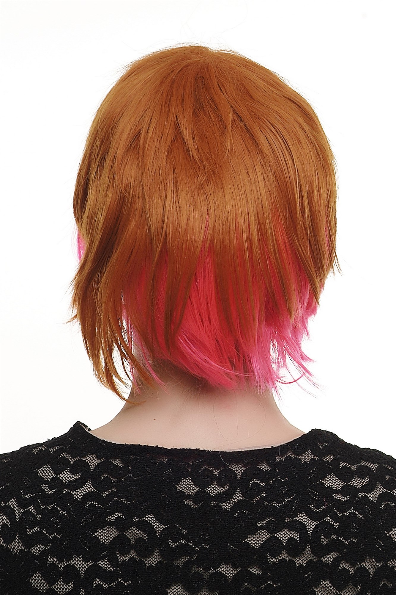 hochwertige Qualitätsperücken, Perücke asymmetrischer gemischtes Rot SA045 Punk Cosplay, Ansicht 4, WIG ME UP: Ihr Perücken Online Shop glatte Tressen-Perücke Rosa-Rot/Orange-Mix kurze Haare für Damen