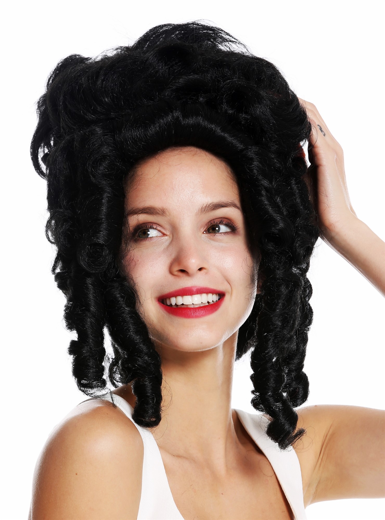 hochwertige Qualitätsperücken, Perücke Barock Pompadour Gräfin Schwarz VK-38-1B, Ansicht 3, WIG ME UP: Ihr Perücken Online Shop lockige Tressen-Perücke Samtschwarz schulterlange Haare für Damen