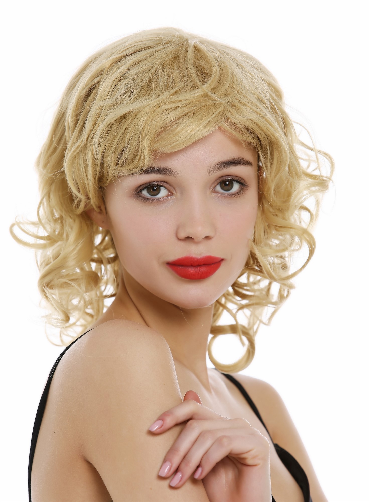 hochwertige Qualitätsperücken, Perücke schulterlang Locken lockig Blond Goldblond ETW-7155AHT-86, Vorderansicht, WIG ME UP: Ihr Perücken Online Shop lockige Tressen-Perücke Karamelblond schulterlange Haare für Damen
