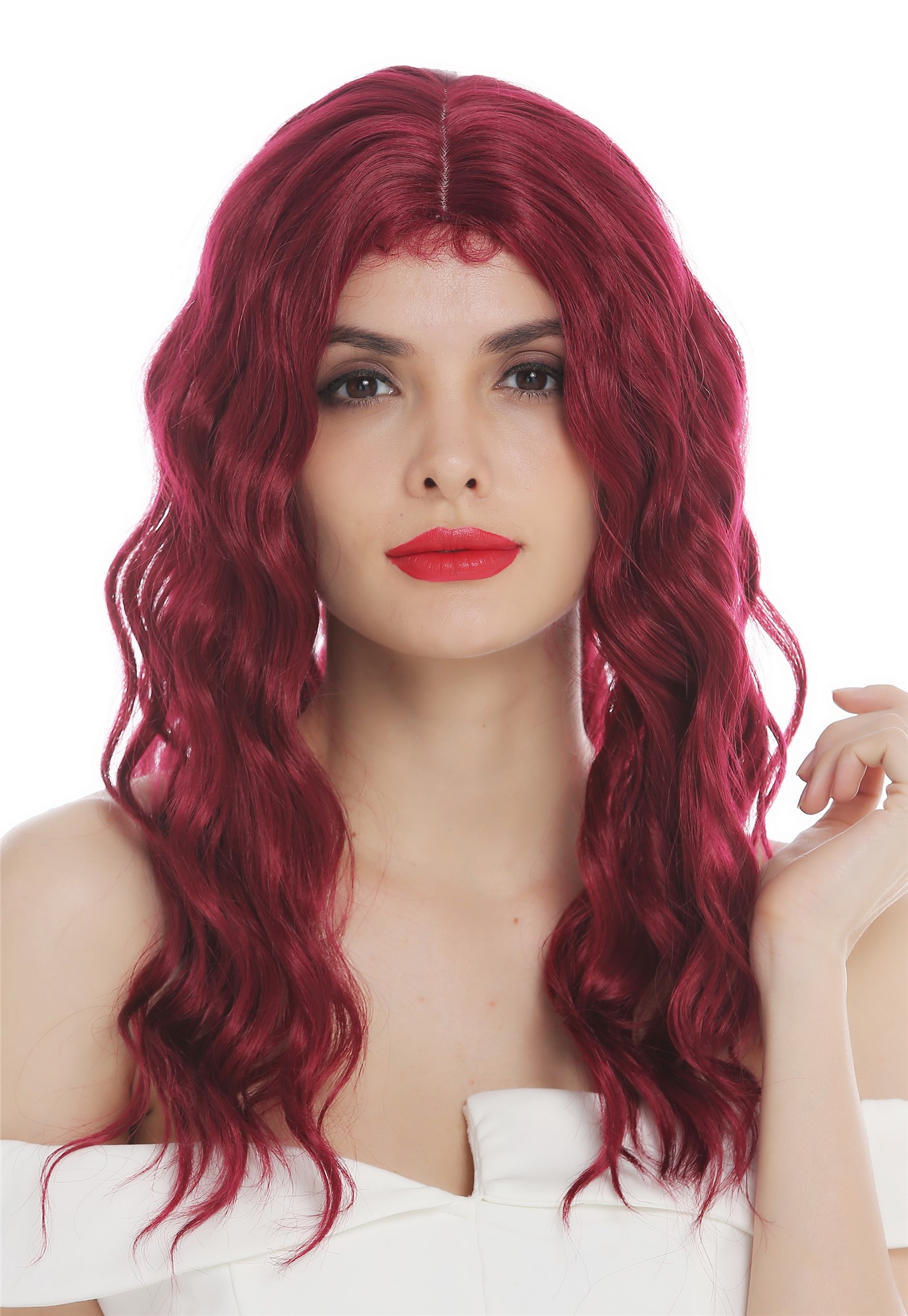 Women's wig ladies' wig long wavy water wave middle parting garnet red VK-9, front view, WIG ME UP: Your Perücken Online Shop Quality Wigs, Ladies, garnet red, wavy, long