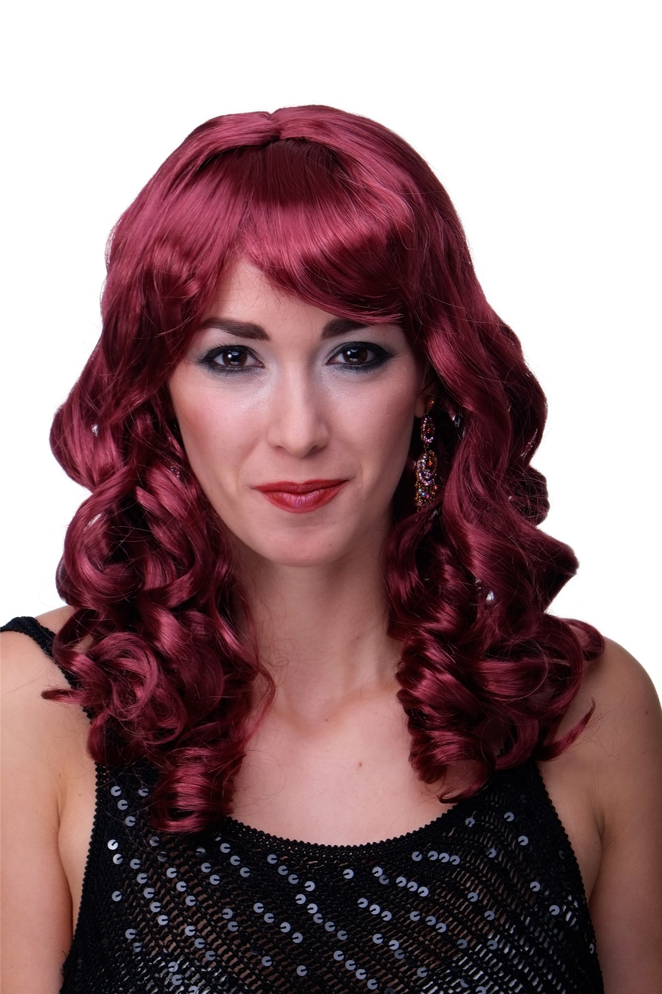 Party/Fancy Dress Lady WIG long garnet RED fringe slightly curly FRINGE Hollywood Diva Femme Fatale, front view, WIG ME UP: Your Perücken Online Shop Party Wig, Ladies, garnet red, curled, long